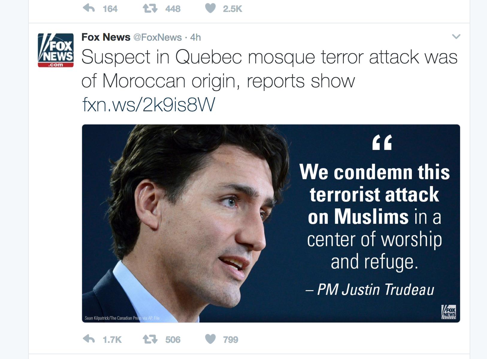 The anti-Trudeau: This tweet was left up hours after it had been established that the individual of Moroccan origin was no longer a suspect