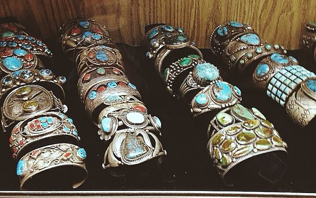 Turquoise and coral cuff bracelets in a shop in the Santa Fe Plaza