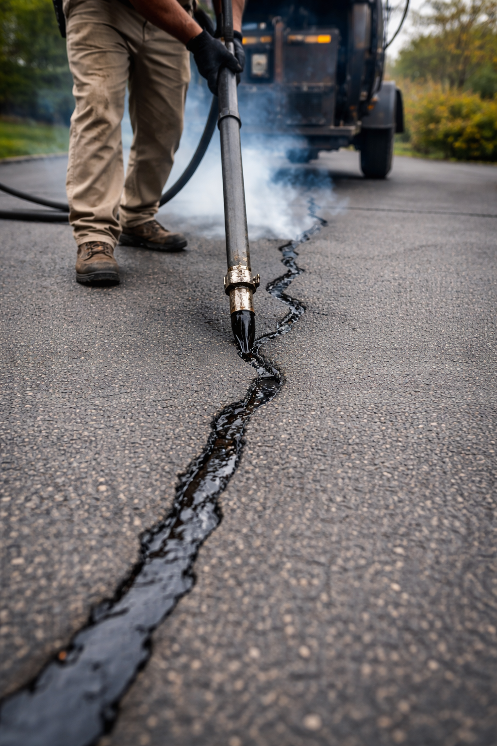 A worker in beige pants and gloves uses a heated welding tool on a crack in asphalt pavement, with smoke rising nearby and a truck in the background.