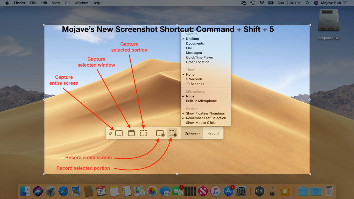 What you’ll see when you press Shift + Command + 5 in Mojave (click image to enlarge).