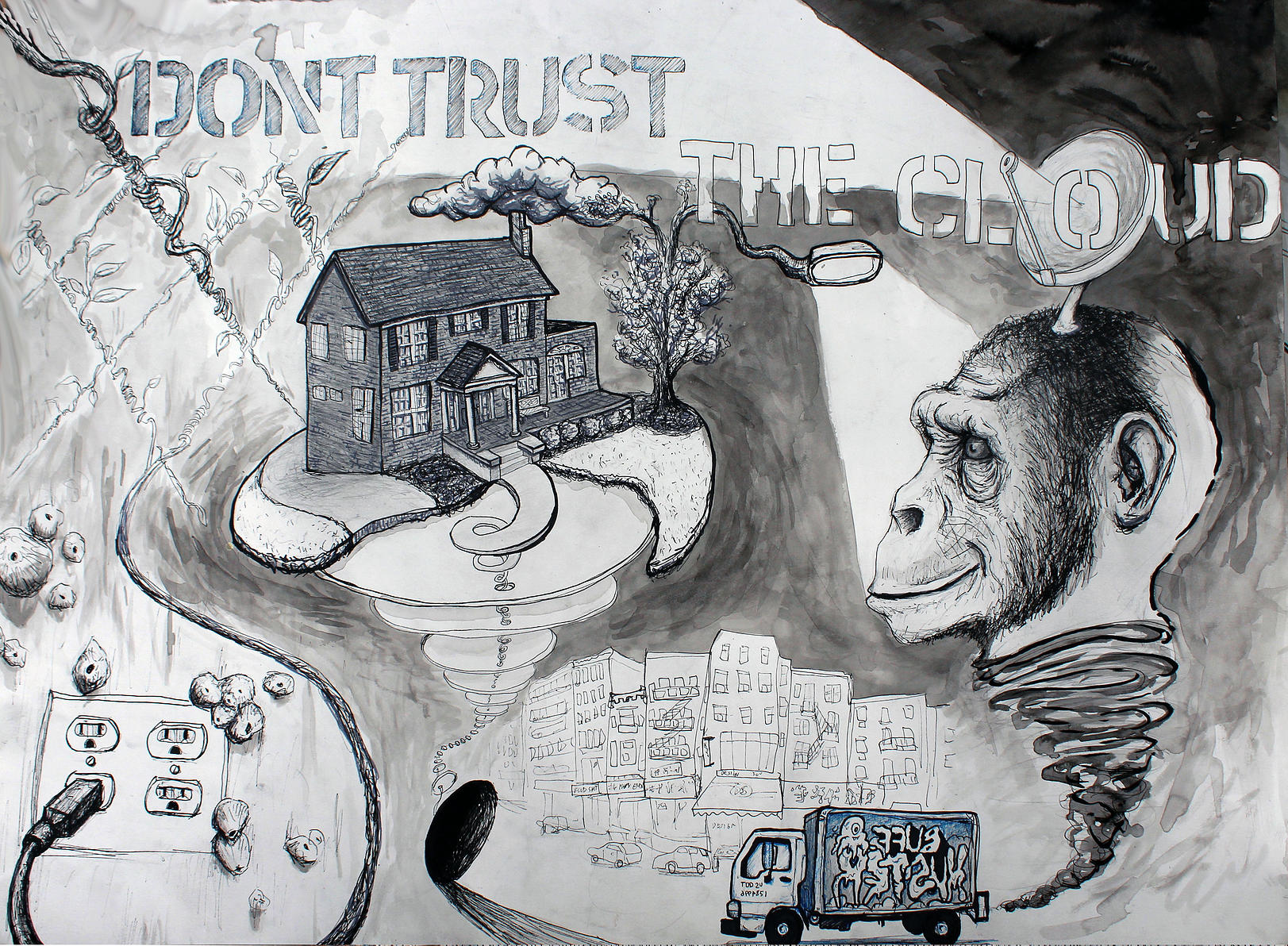 "Don't Trust the Cloud" Pen and Ink, 22x30"