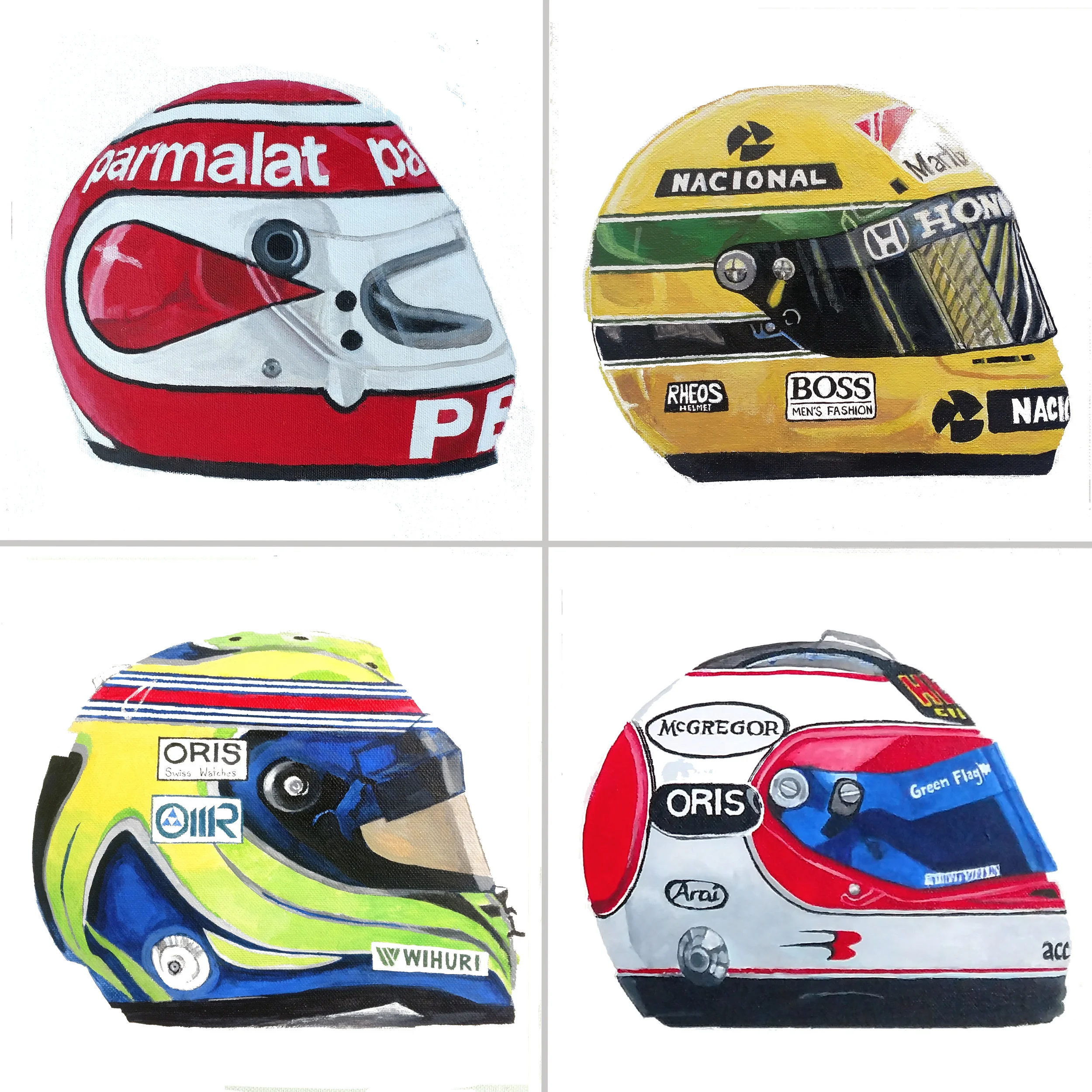 Brazilian Formula 1 Helmets, 10x10", Acrylic on Canvas
