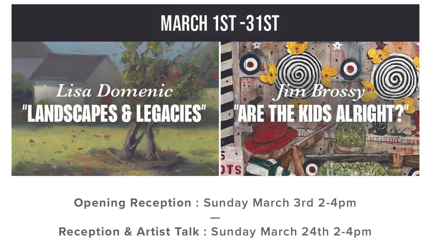 The gallery will be closed today (Saturday) due to the inclement weather. But stop by tomorrow (Sunday) at 2 pm for Artist Talks by Lisa Dominic and Jim Brossy.