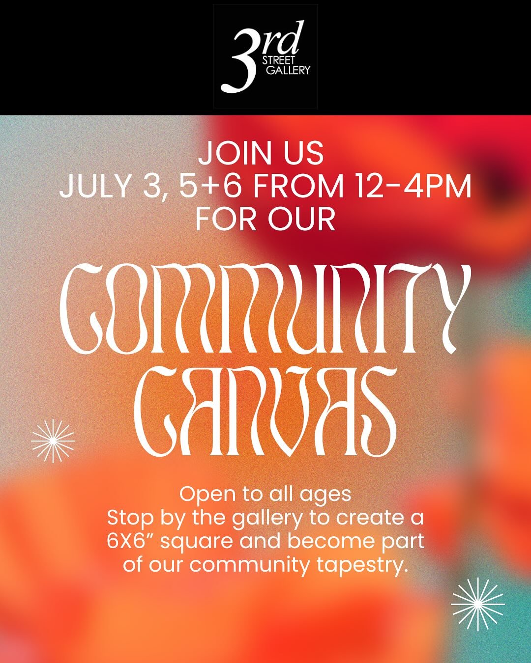 Open to all! We provide the supplies&mdash;just bring your creativity.
*
Design and paint a 6&times;6&rdquo; square at the gallery on July 3rd, 5th, and 6th from 12&ndash;4pm and become part of a community artwork. 
*
The final piece will be curated 