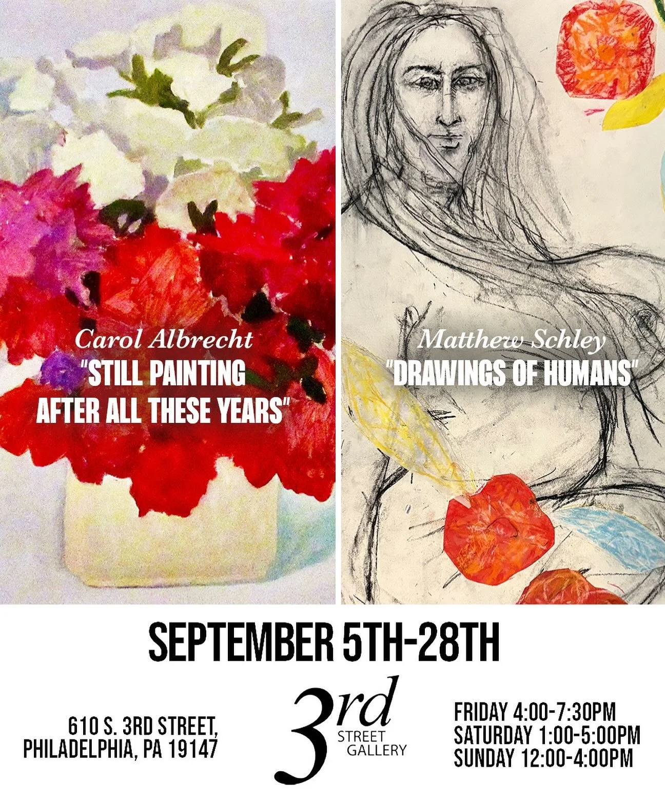 Artist talks today at 2 PM! Come on down for light, refreshments, and hear about the background on these two amazing shows✨
*
3rd Street Gallery is proud to present two new exhibitions on view September 5&ndash;28, 2025: Drawings of Humans by Matthew