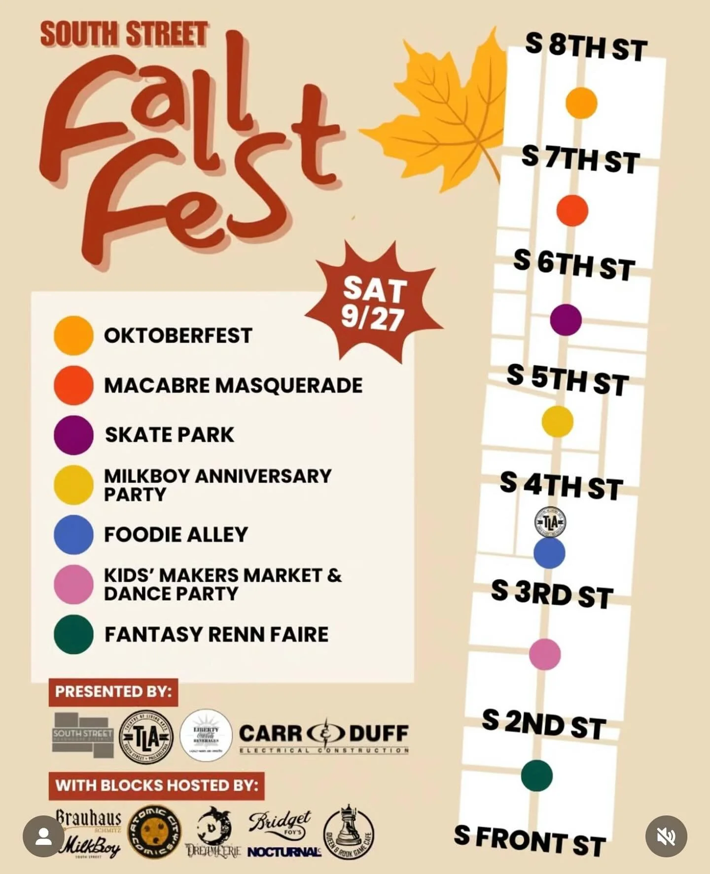 @southstreetphilly fall fest is TODAY! Enjoy all the festivities, and if you need a break or to cool off come in and say hi! We&rsquo;ll be open from 1-5pm😊 also our friends @bridgetfoys are hosting a Bar Truck with Milagro tequila cocktails, beer, 