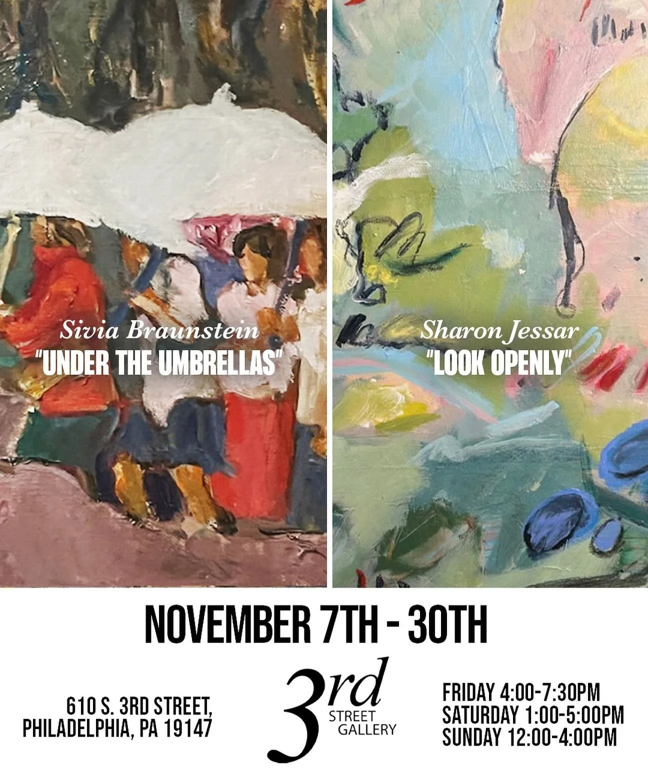 Opening this Friday as part of @phillyfirstfriday
*
3rd Street Gallery is proud to present two new exhibitions opening November 7, 2025, featuring the work of Sivia Braunstein and Sharon Jesser. An opening reception will be held on Sunday, November 9