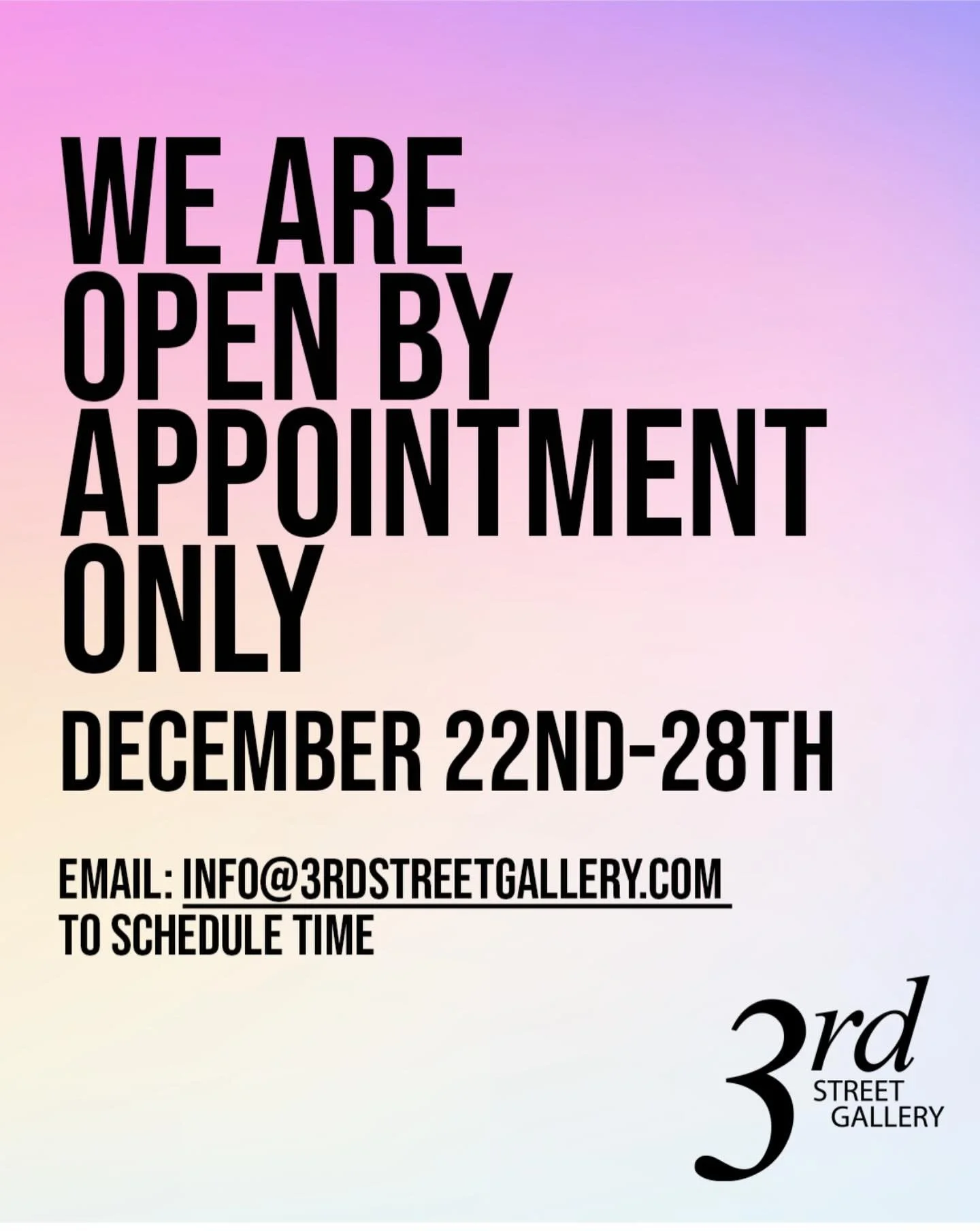We will be open by appointment only from December 22 to the 28th. Please email us to schedule time to visit during this period + enjoy the holiday season!