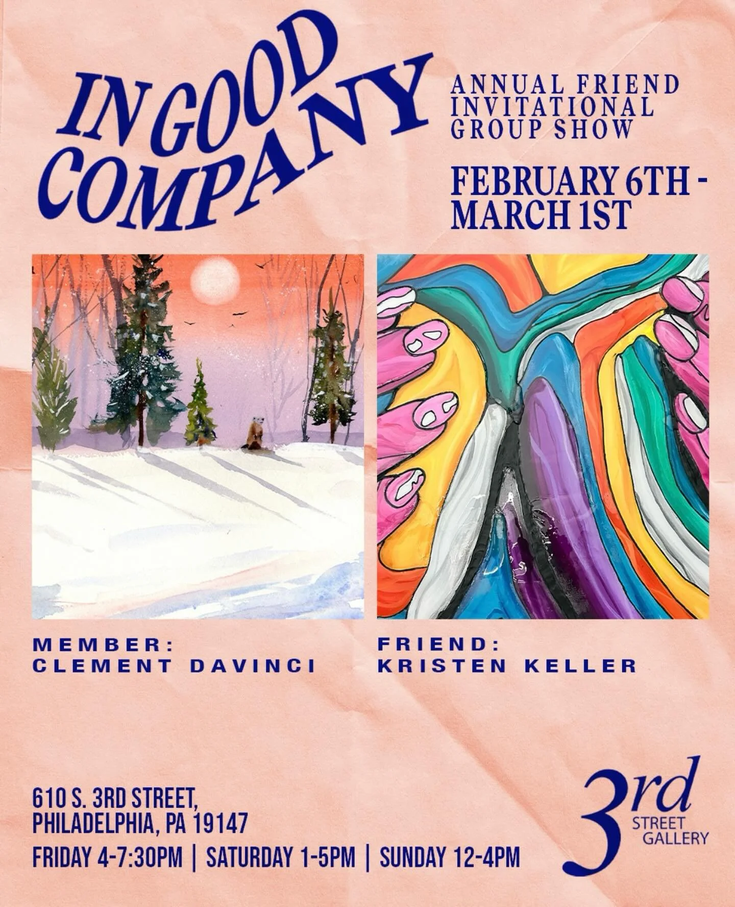 3rd Street Gallery is pleased to present &ldquo;In Good Company&rdquo;, our annual Friends Invitational Group Show, on view from February 6 through March 1, 2026. This beloved yearly exhibition brings together a dynamic group of artists connected to 