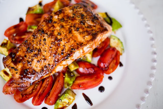 Balsamic Salmon with Tomato Avocado Salad