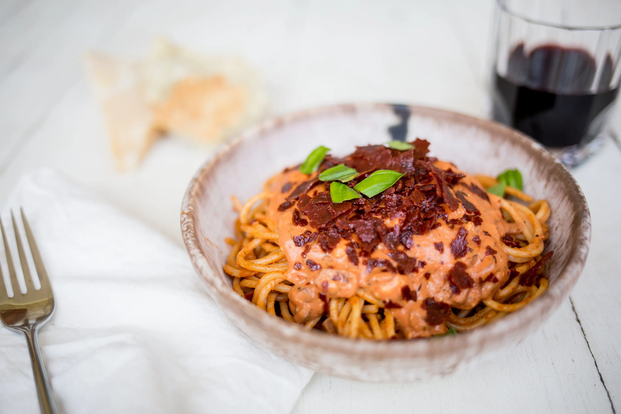 Spaghetti with Mascarpone Marinara and Pork Crunchies