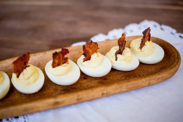 Truffle Deviled Eggs with Candy Bacon