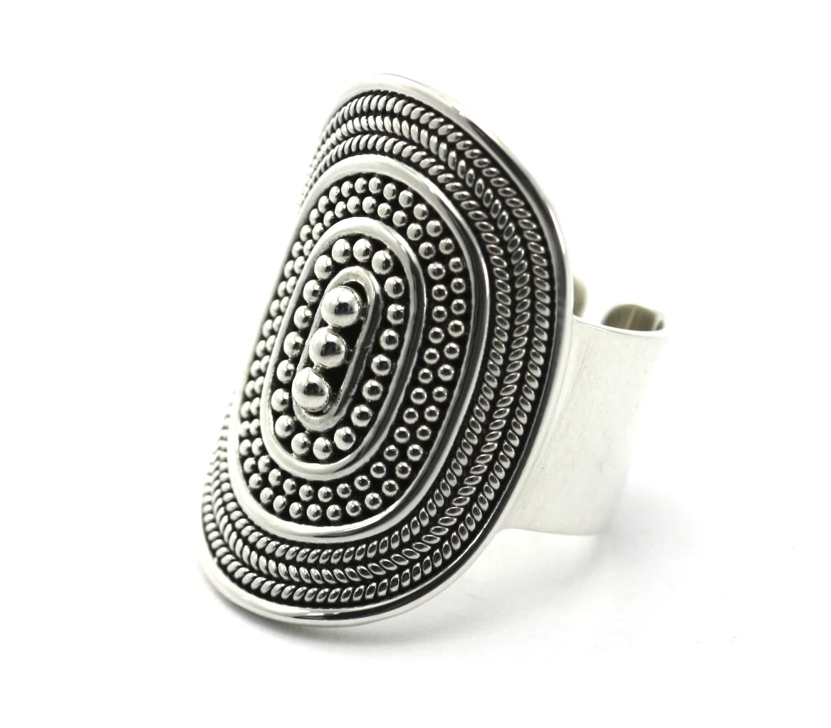 RAYA Sterling Silver Fair Trade Bali-Style Beaded Cigar Band Ring. Available with 18k Yellow Gold Vermeil.  Adjustable Approximate Size 7-9