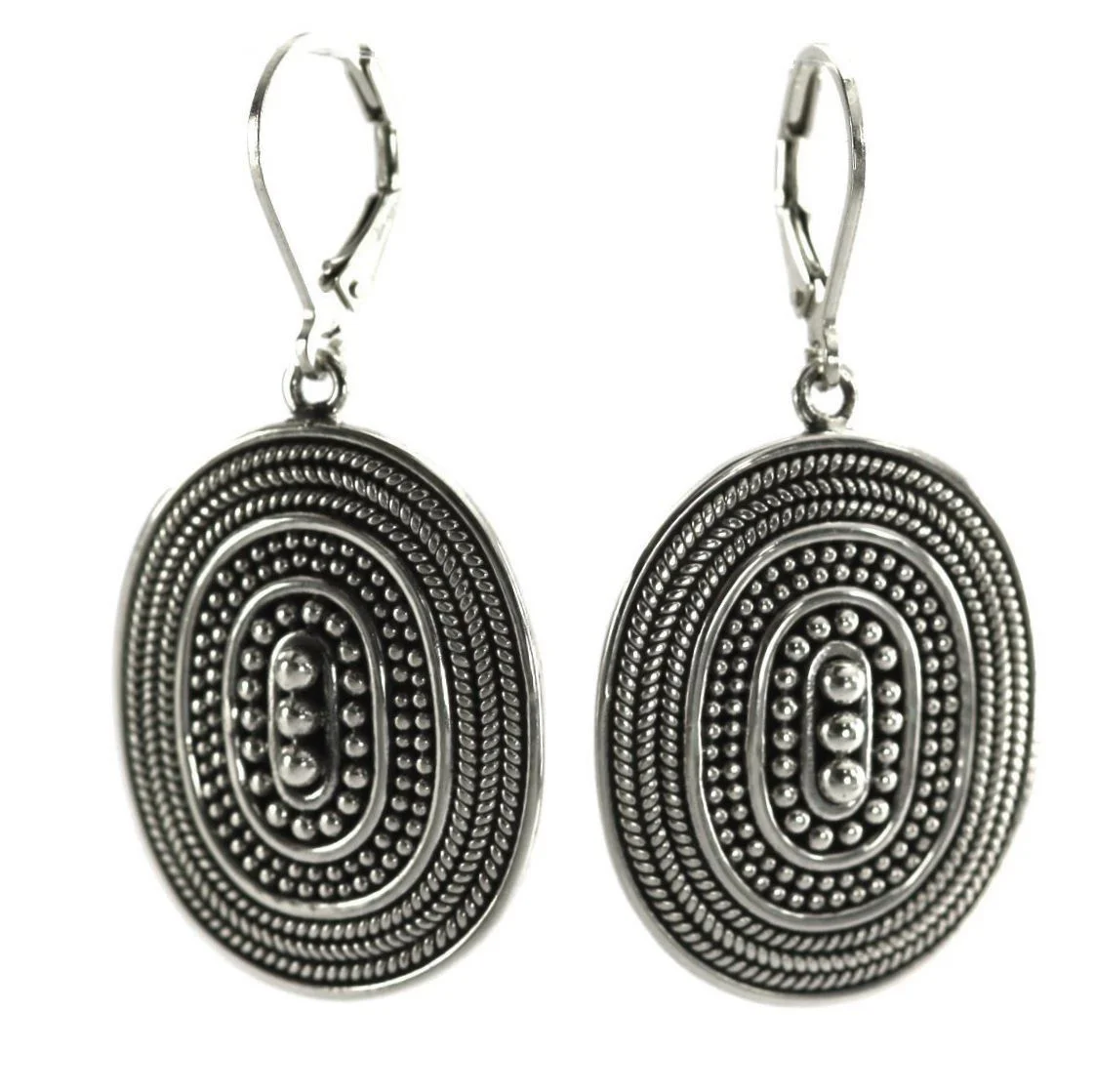 RAYA Sterling Silver Fair Trade Bali-Style Beaded Oval Drop Earrings with Lever Backs. Available in 18k Yellow Gold Vermeil. 22x45mm.
