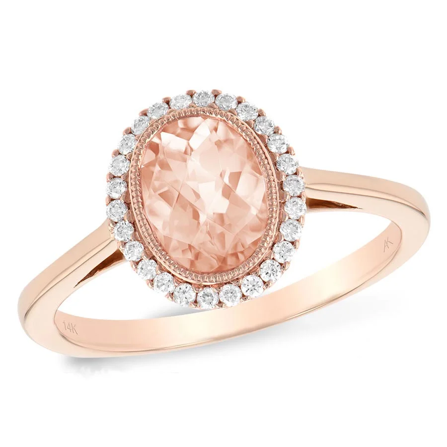 14k Rose Gold Morganite Oval Ring with Diamond Halo