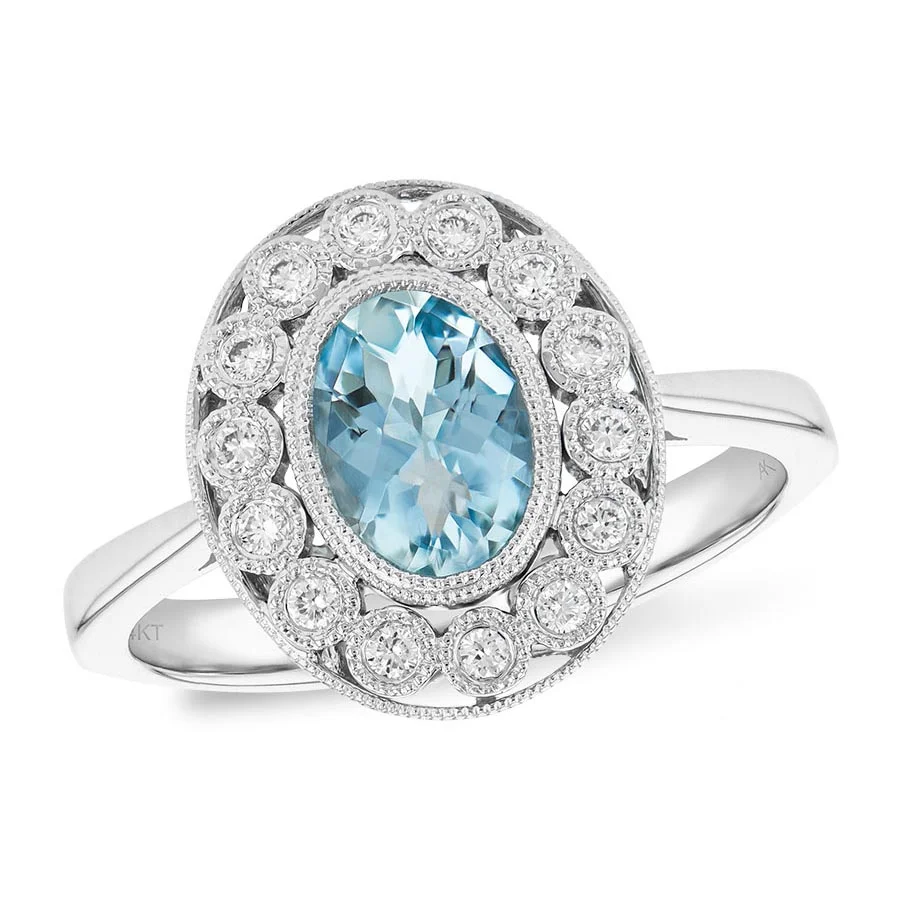 14k White Gold Vintage Inspired Aquamarine Ring with Diamond Halo