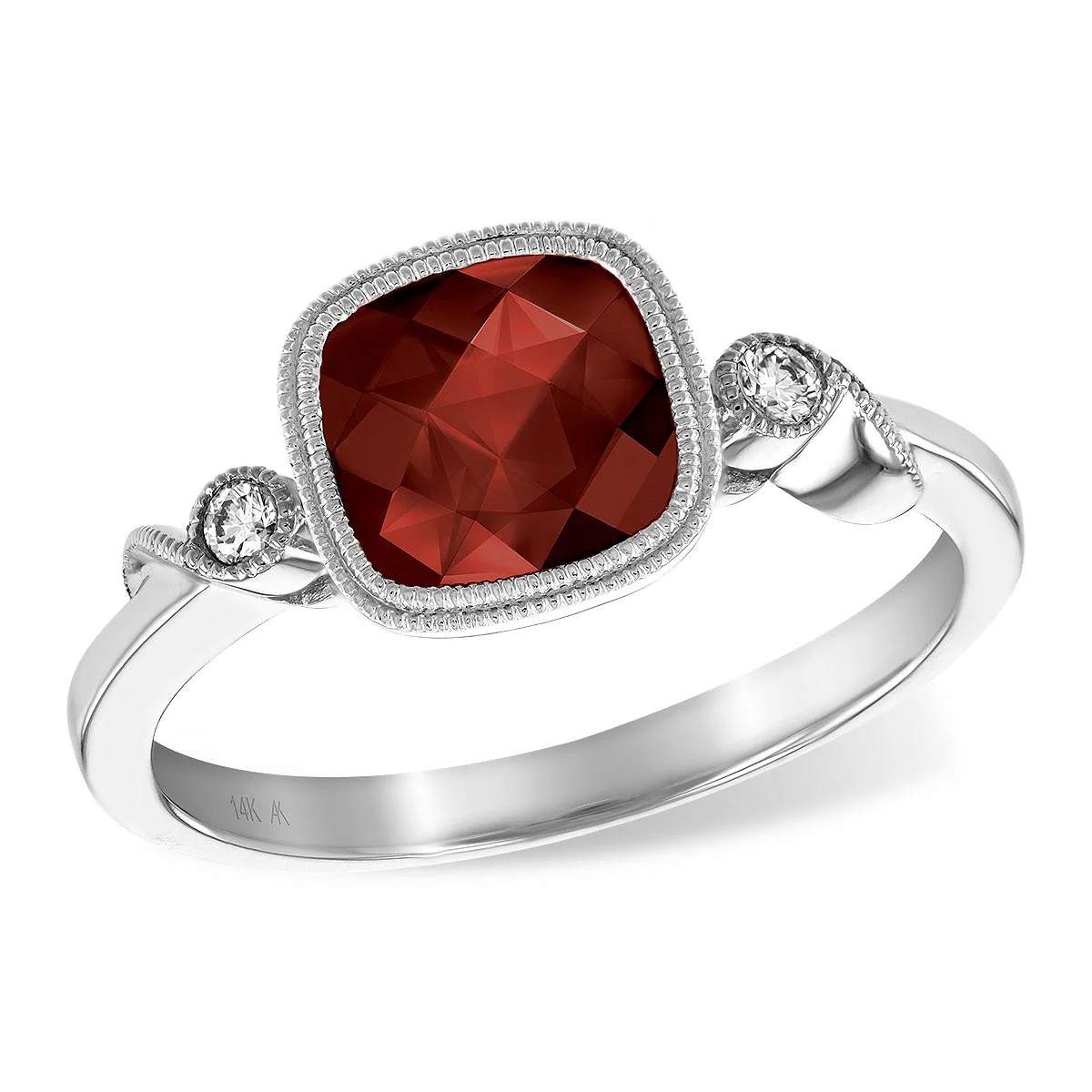 14k White Gold Vintage Inspired Garnet Ring with Diamond Accents