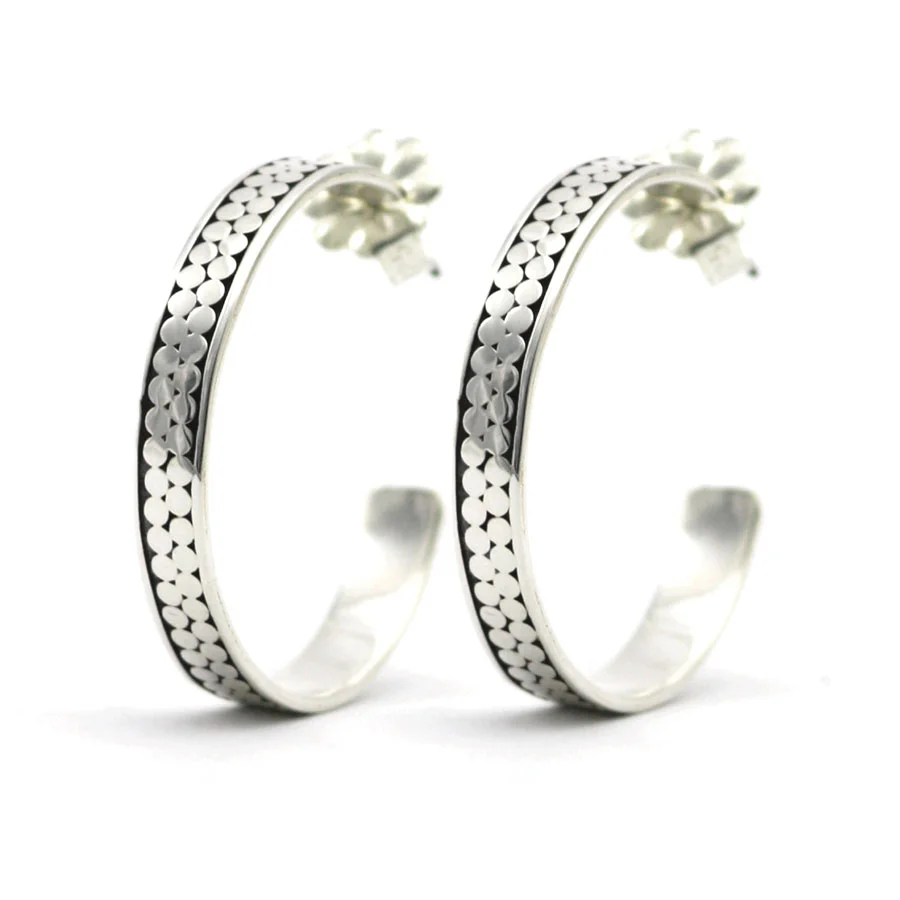 KALA Sterling Silver Fair-Trade Bali-Style Double Row Bola Hoop Earrings. 28x5mm. Available in 18k Yellow Gold Vermeil.