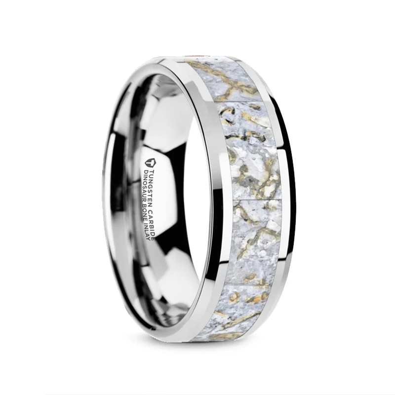 MESOZOIC White Dinosaur Bone Inlaid Tungsten Carbide Beveled Edged Ring