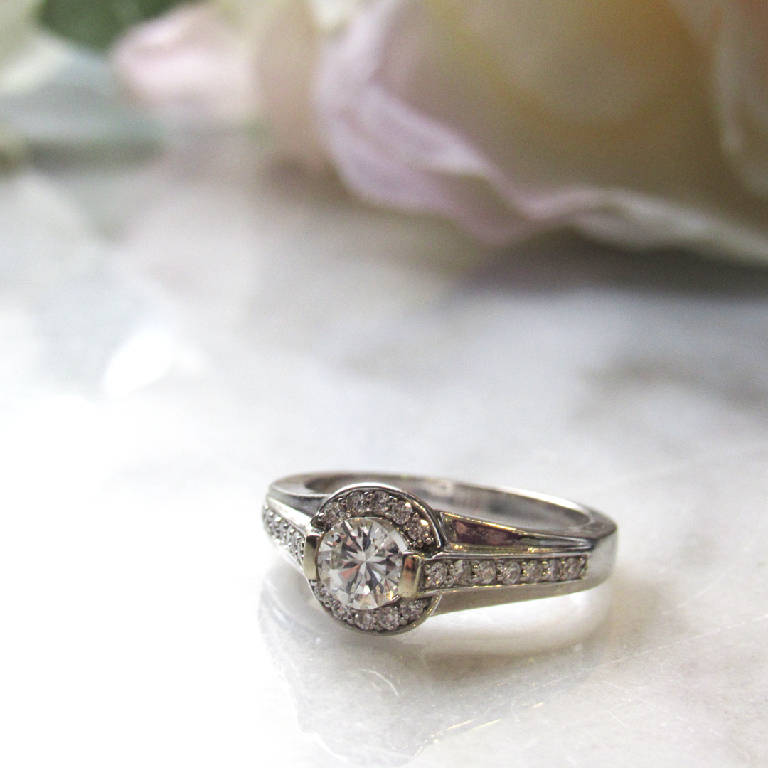 14k White Gold Modern 0.54 ct Diamond Engagement Ring with Diamond Half Halo & Accents