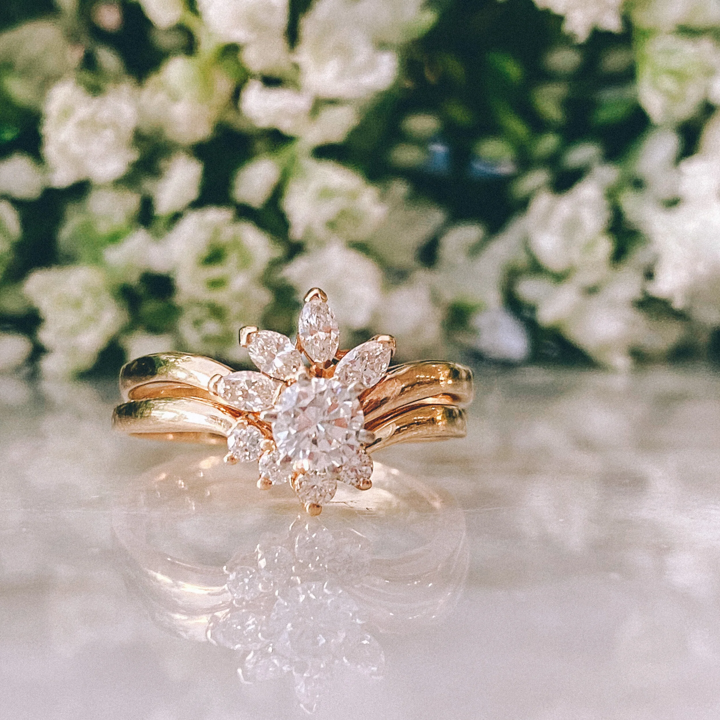 14k Yellow Gold 0.33ct Round Diamond (VS1/G) with 0.25cttw Marquise Diamond Half Halo + 14k Yellow Gold Band with 0.10cttw Round Diamond Accents