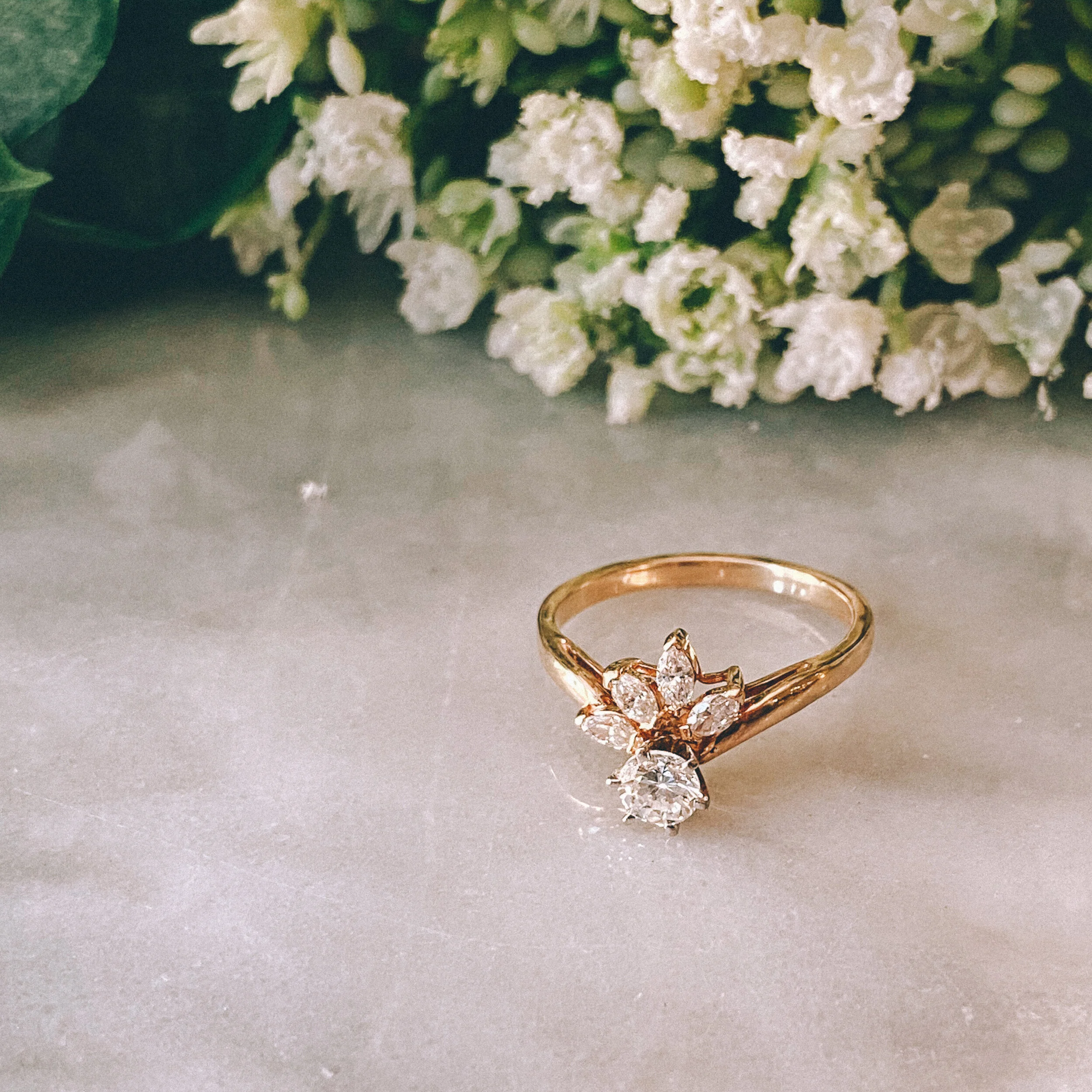 14k Yellow Gold 0.33ct Round Diamond (VS1/G) with 0.25cttw Marquise Diamond Half Halo + 14k Yellow Gold Band with 0.10cttw Round Diamond Accents