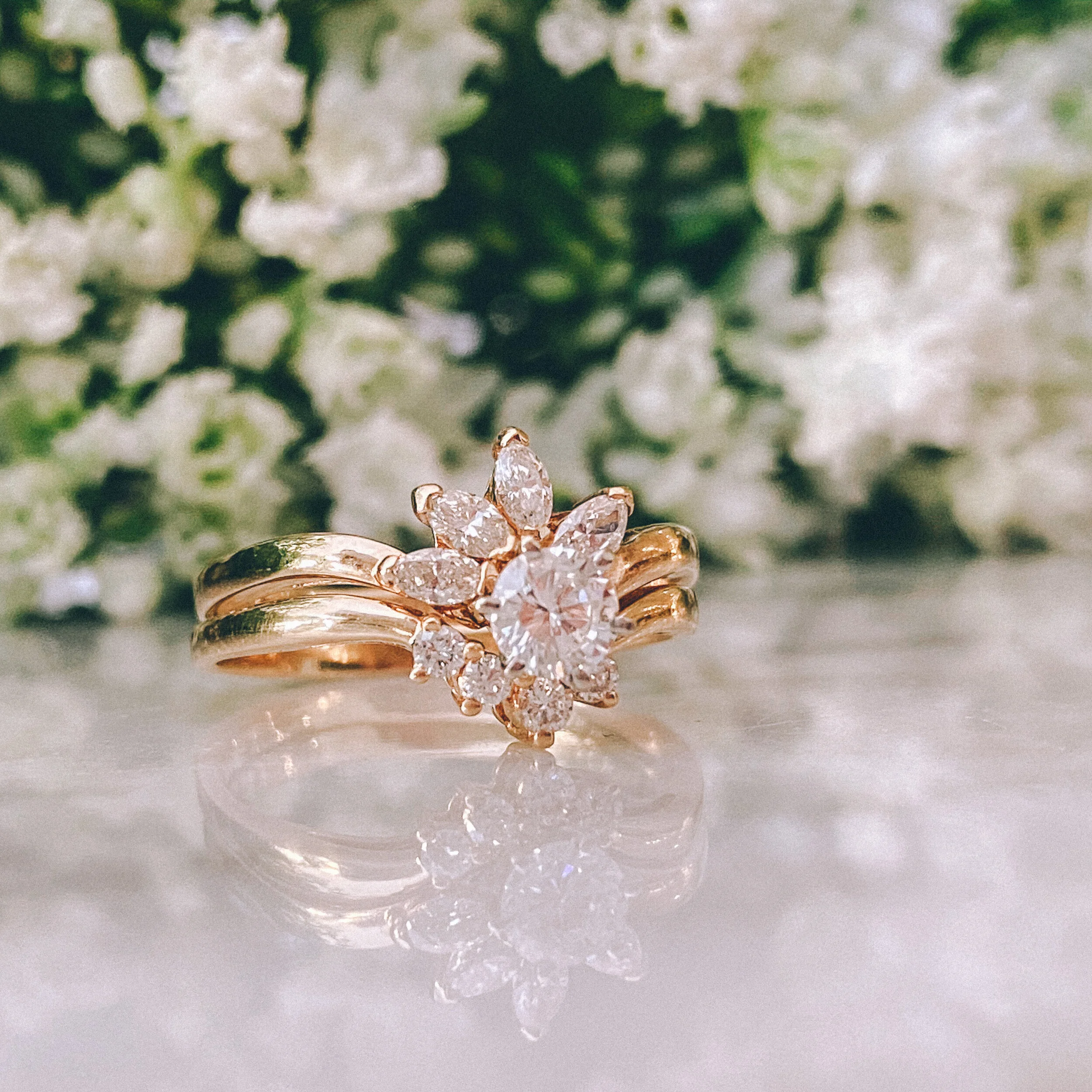 14k Yellow Gold 0.33ct Round Diamond (VS1/G) with 0.25cttw Marquise Diamond Half Halo + 14k Yellow Gold Band with 0.10cttw Round Diamond Accents