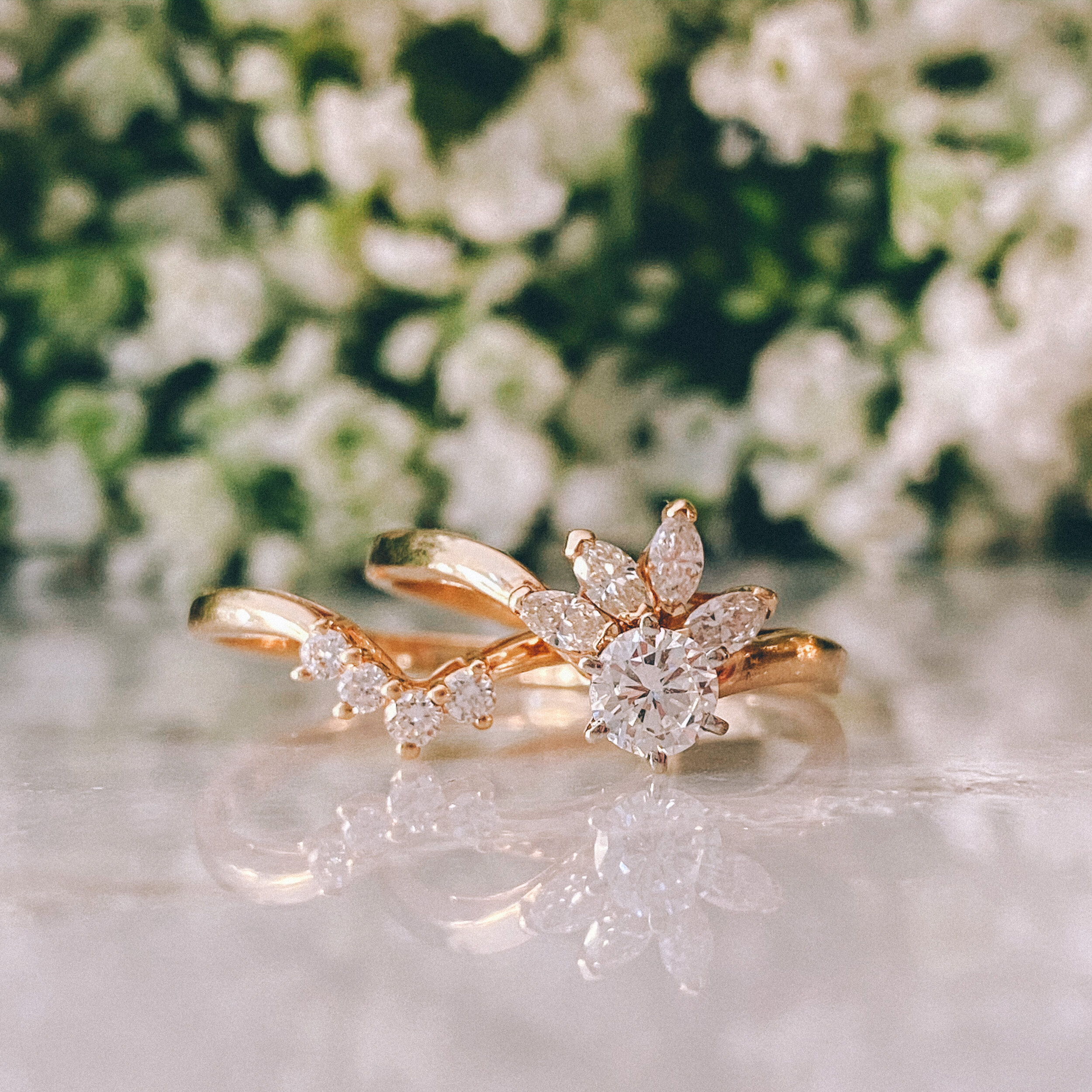 14k Yellow Gold 0.33ct Round Diamond (VS1/G) with 0.25cttw Marquise Diamond Half Halo + 14k Yellow Gold Band with 0.10cttw Round Diamond Accents