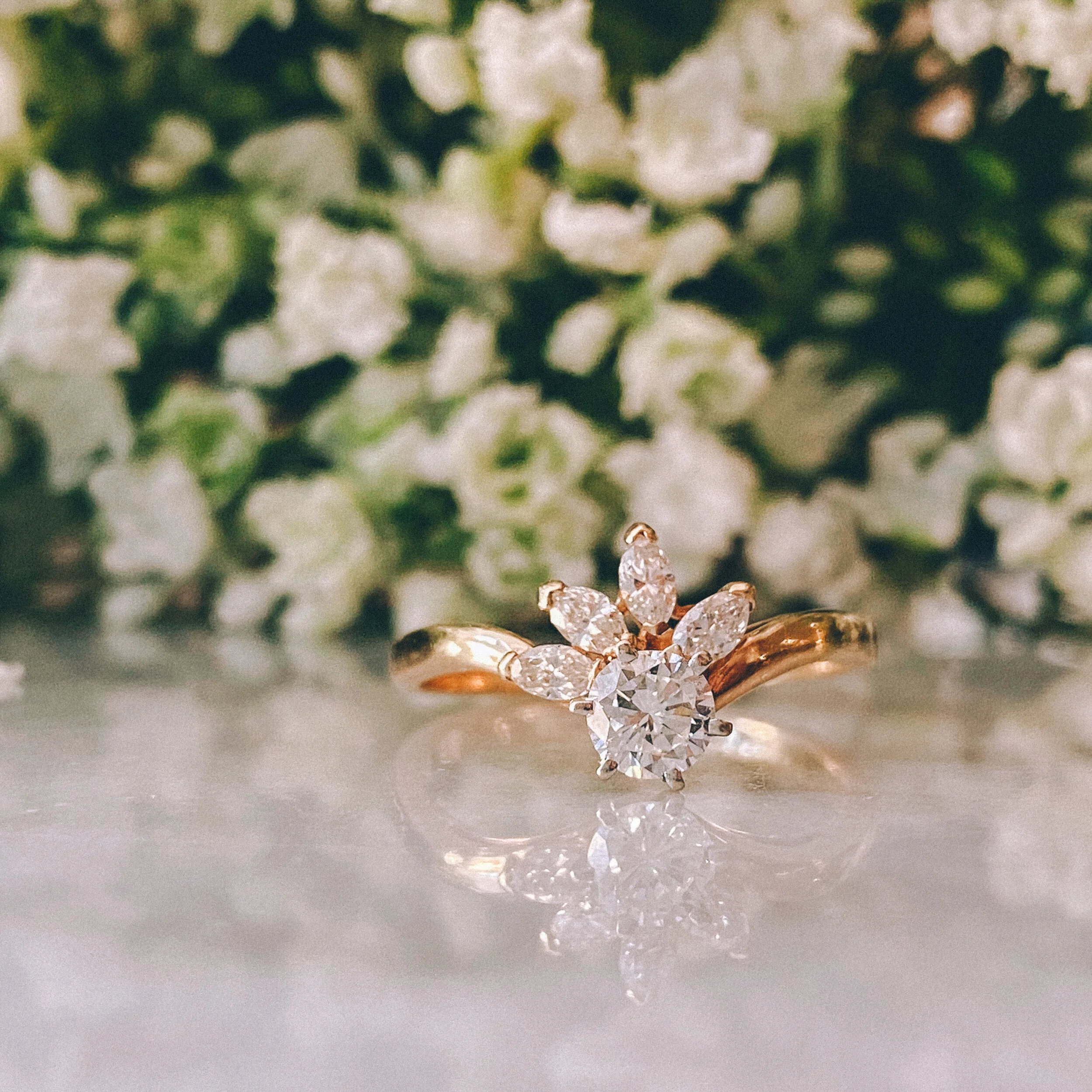 14k Yellow Gold 0.33ct Round Diamond (VS1/G) with 0.25cttw Marquise Diamond Half Halo + 14k Yellow Gold Band with 0.10cttw Round Diamond Accents