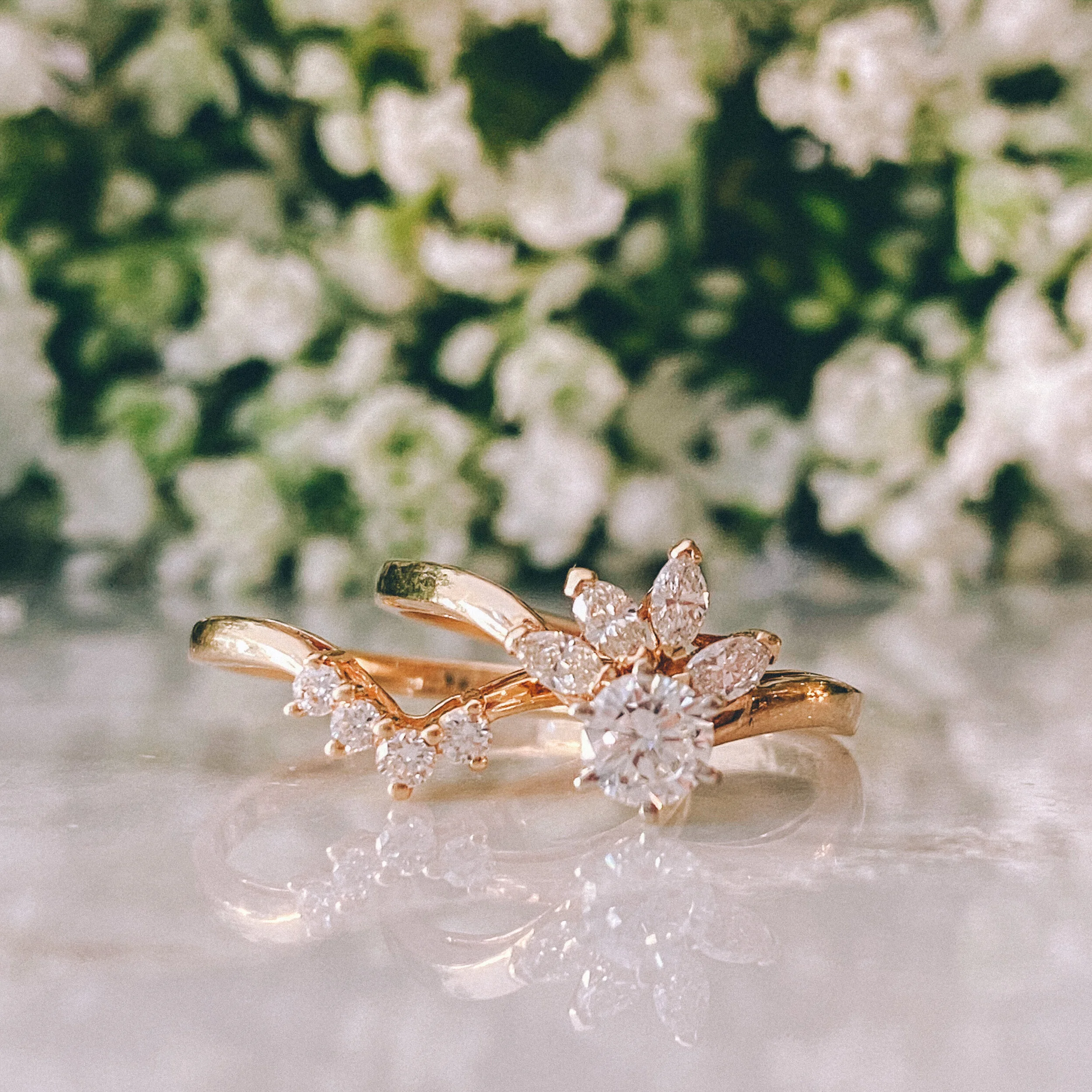 14k Yellow Gold 0.33ct Round Diamond (VS1/G) with 0.25cttw Marquise Diamond Half Halo + 14k Yellow Gold Band with 0.10cttw Round Diamond Accents