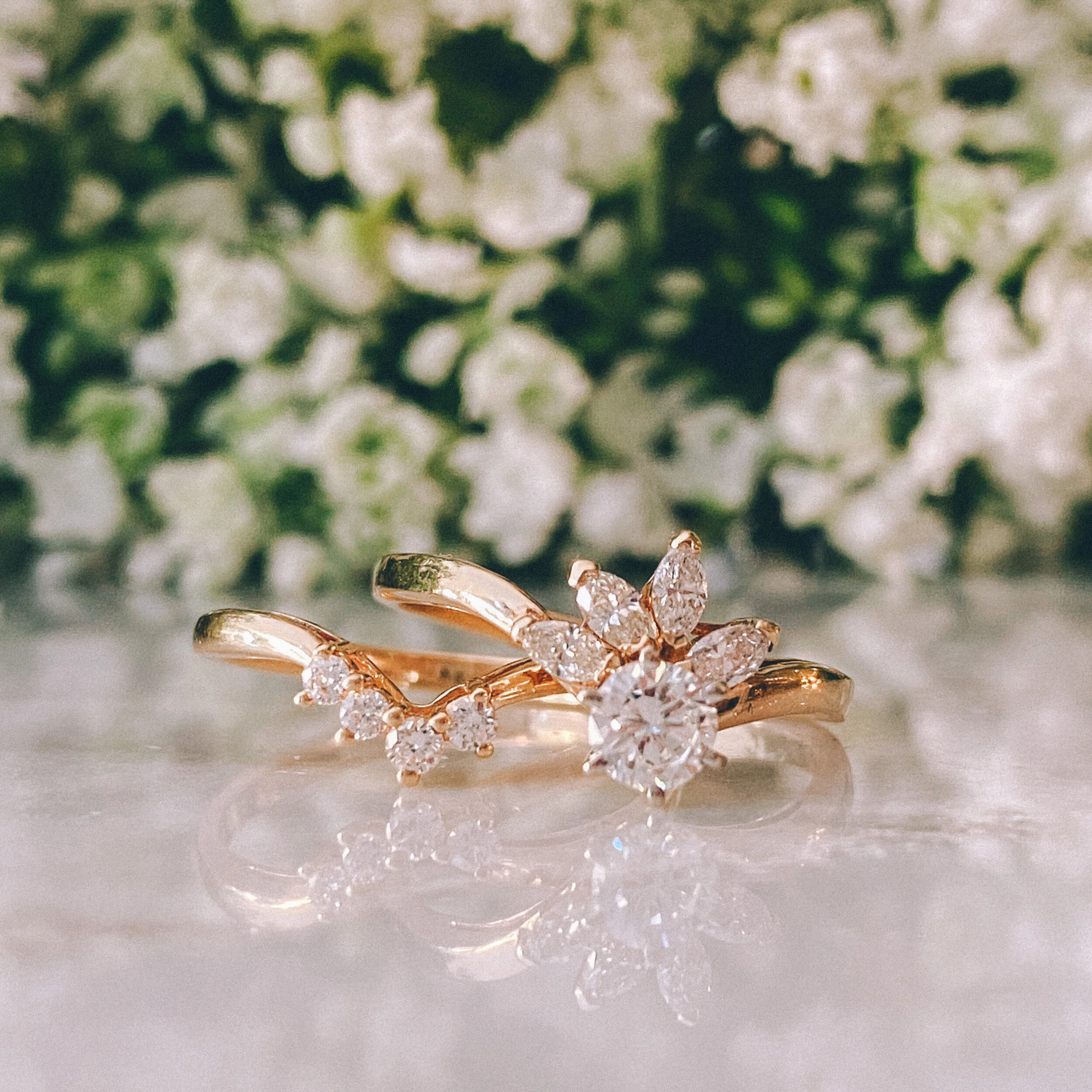 14k Yellow Gold 0.33ct Round Diamond (VS1/G) with 0.25cttw Marquise Diamond Half Halo + 14k Yellow Gold Band with 0.10cttw Round Diamond Accents