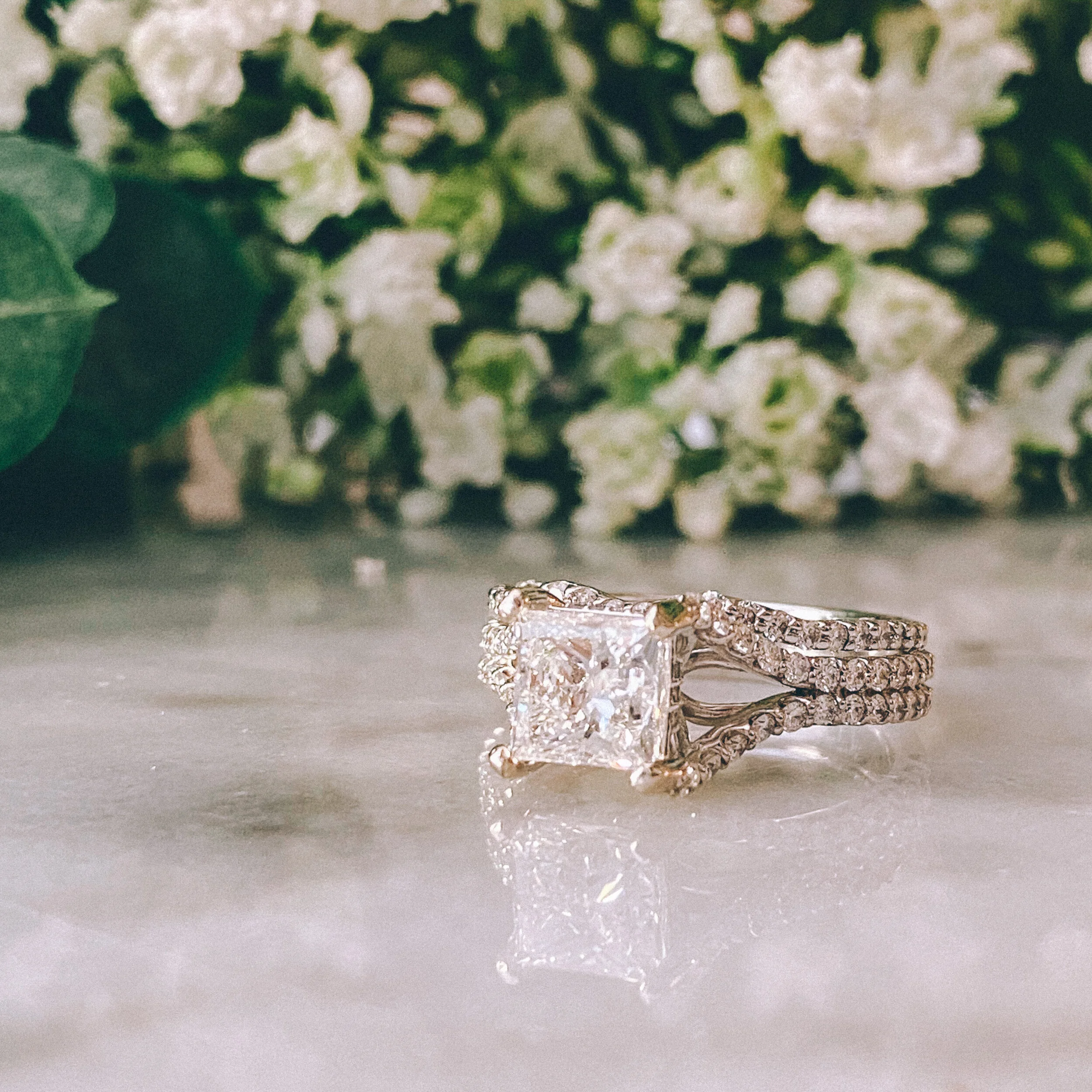 14k White Gold 1.50ct Princess Cut Diamond (SI2/F) GIA Cert. with 0.56 cttw Diamond (SI2/G-H) Accent Split Shank Engagement Ring + 14k White Gold 0.24 cttw Diamond (SI2/G-H) Accent Shadow Band