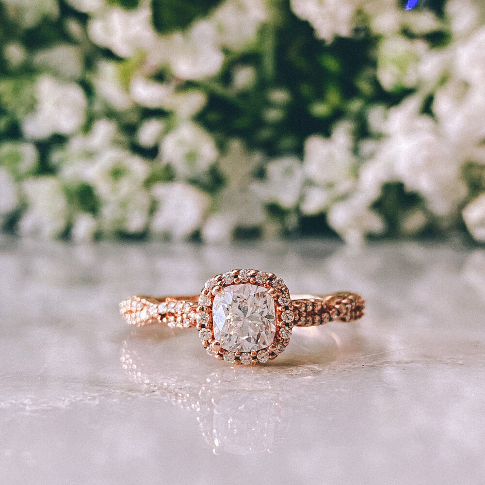 Cumulatief september reputatie 14k Rose Gold Cushion Diamond Engagement Ring with Diamond Halo + Accents —  The Gem Shop