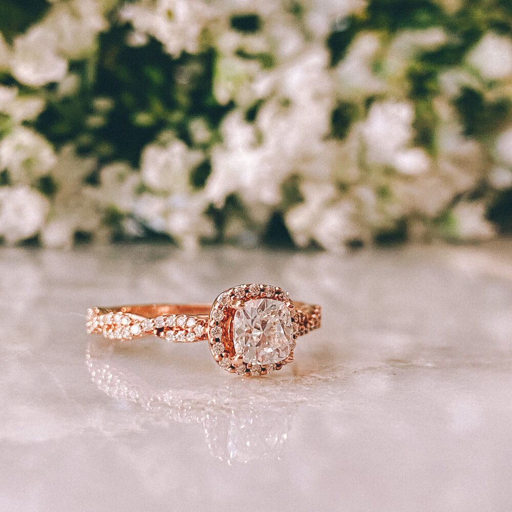 Jane Austen Fuera de infraestructura 14k Rose Gold Cushion Diamond Engagement Ring with Diamond Halo + Accents —  The Gem Shop