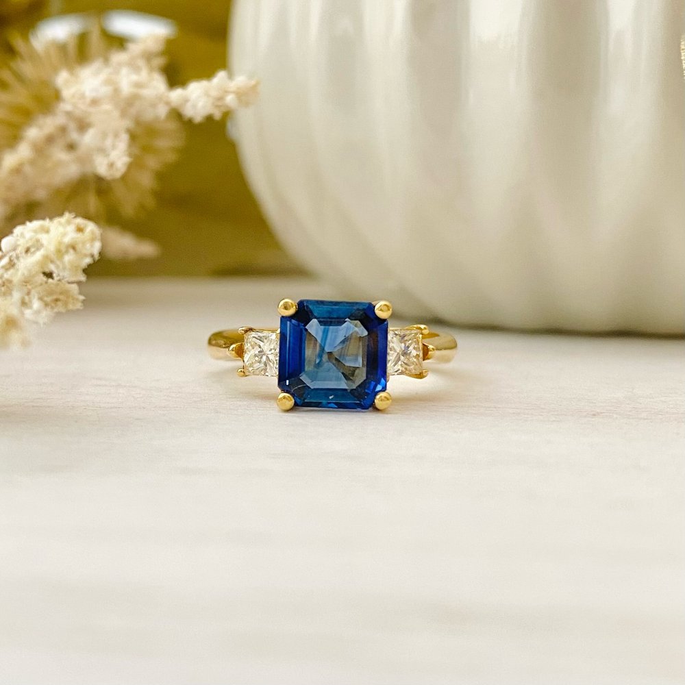18K Yellow Gold Asscher Blue Sapphire Three Stone with Diamond Accents — The Gem Shop