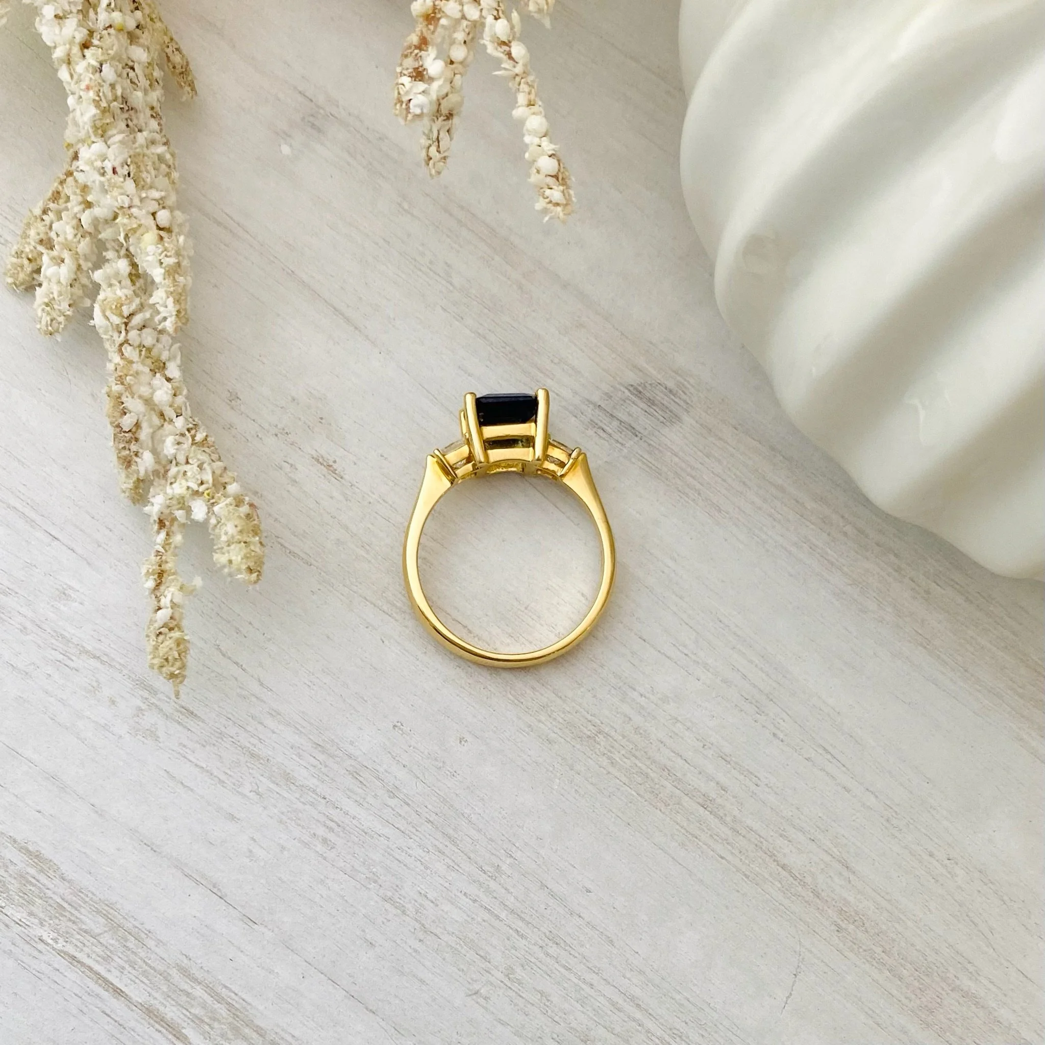 18k Yellow Gold 2.28ct Asscher Blue Sapphire Three-Stone Ring with 0.40cttw Princess Cut Diamonds (VVS1-2/G-H)