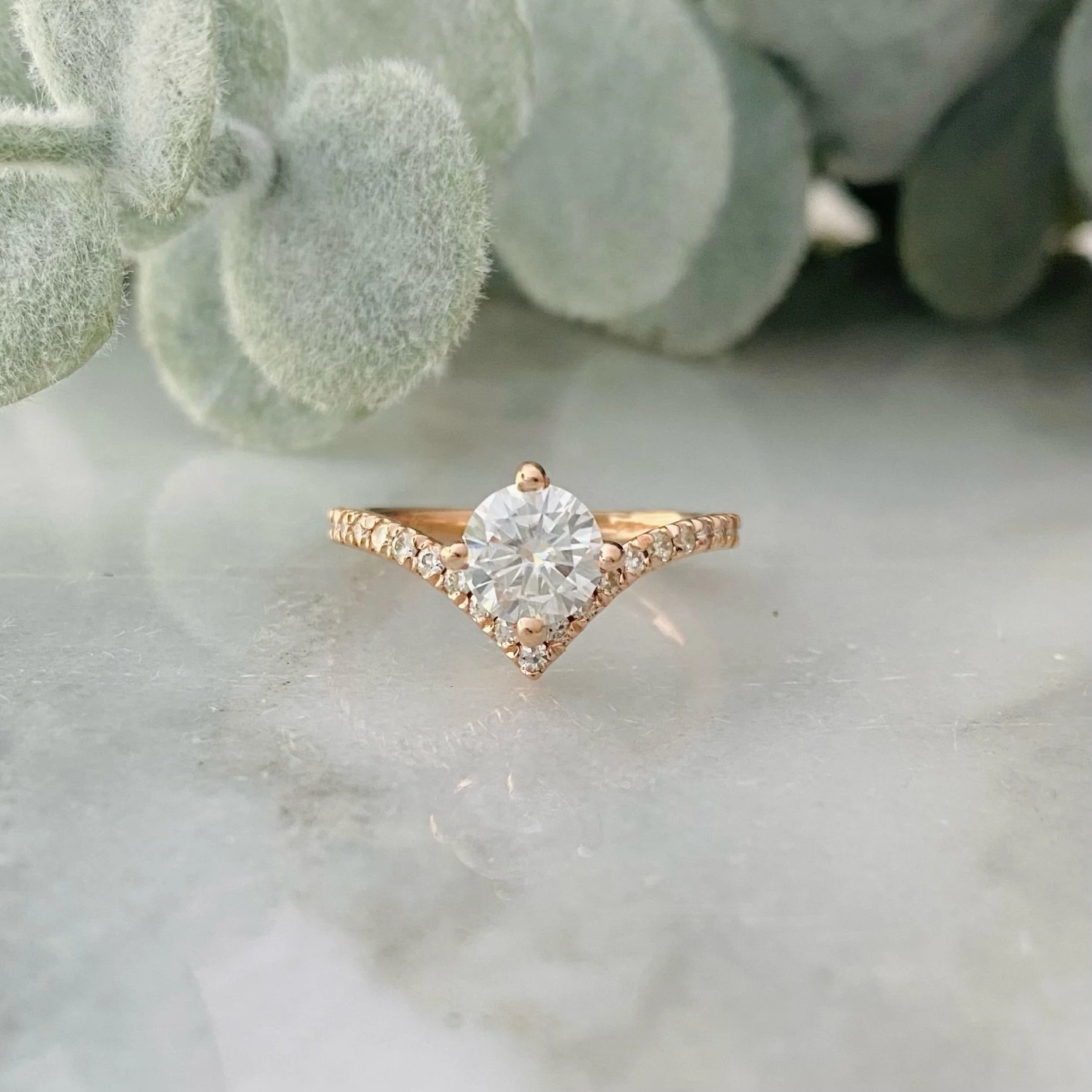 14k Rose Gold 1 ct Round Moissanite V-Ring with French Set Moissanite Accents