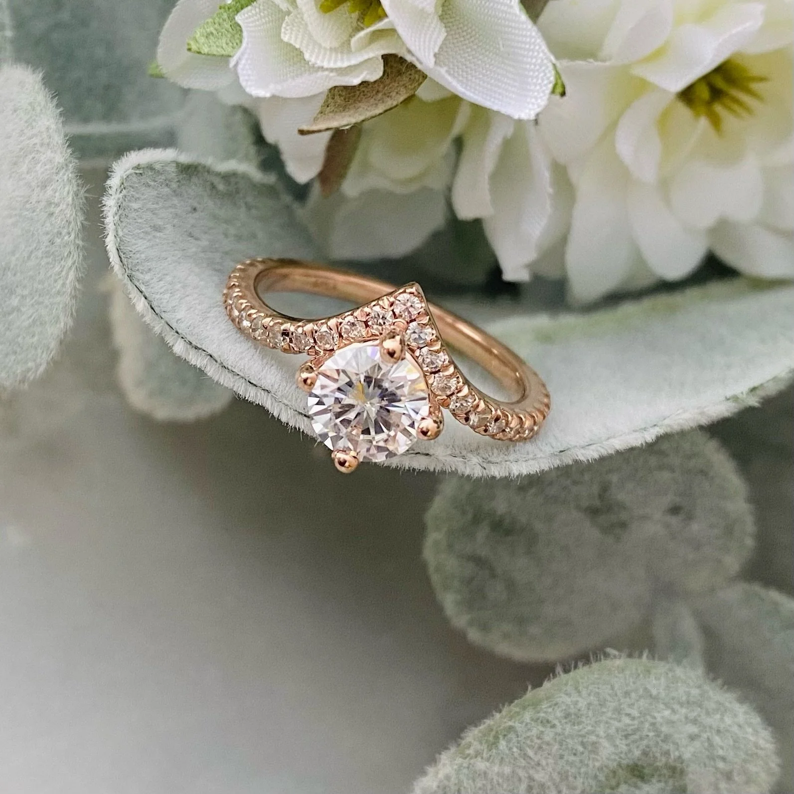 14k Rose Gold 1 ct Round Moissanite V-Ring with French Set Moissanite  Accents 0.50 cttw  Size 7
