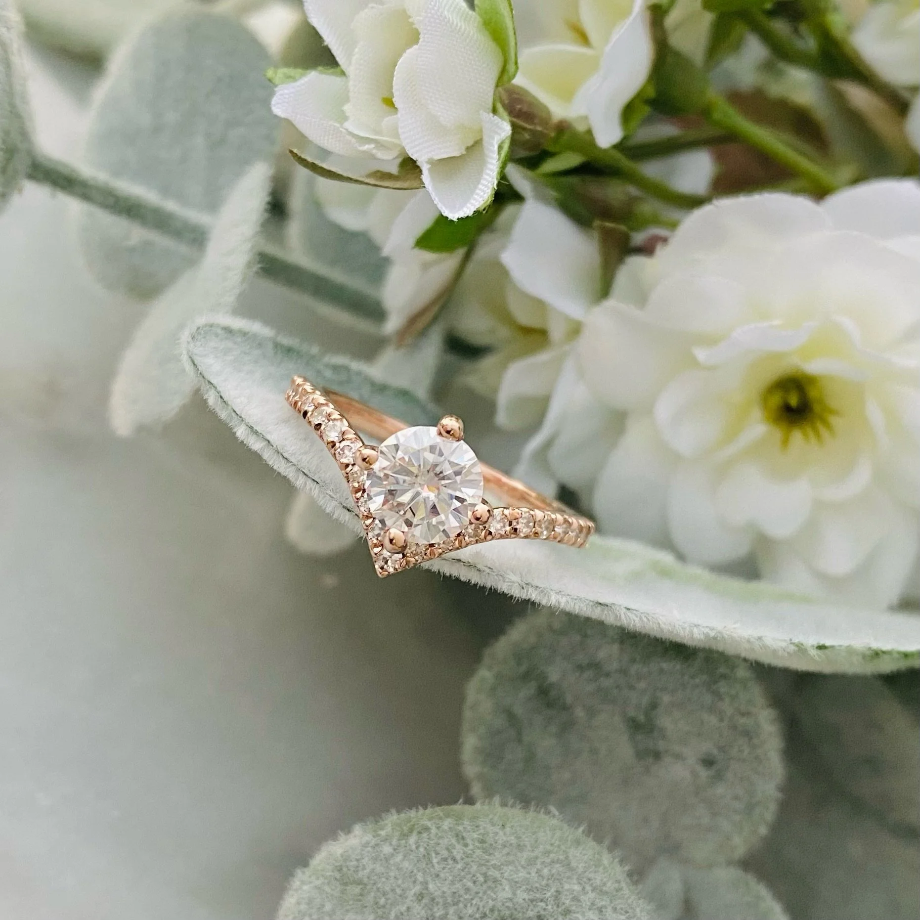 14k Rose Gold 1 ct Round Moissanite V-Ring with French Set Moissanite  Accents 0.50 cttw  Size 7