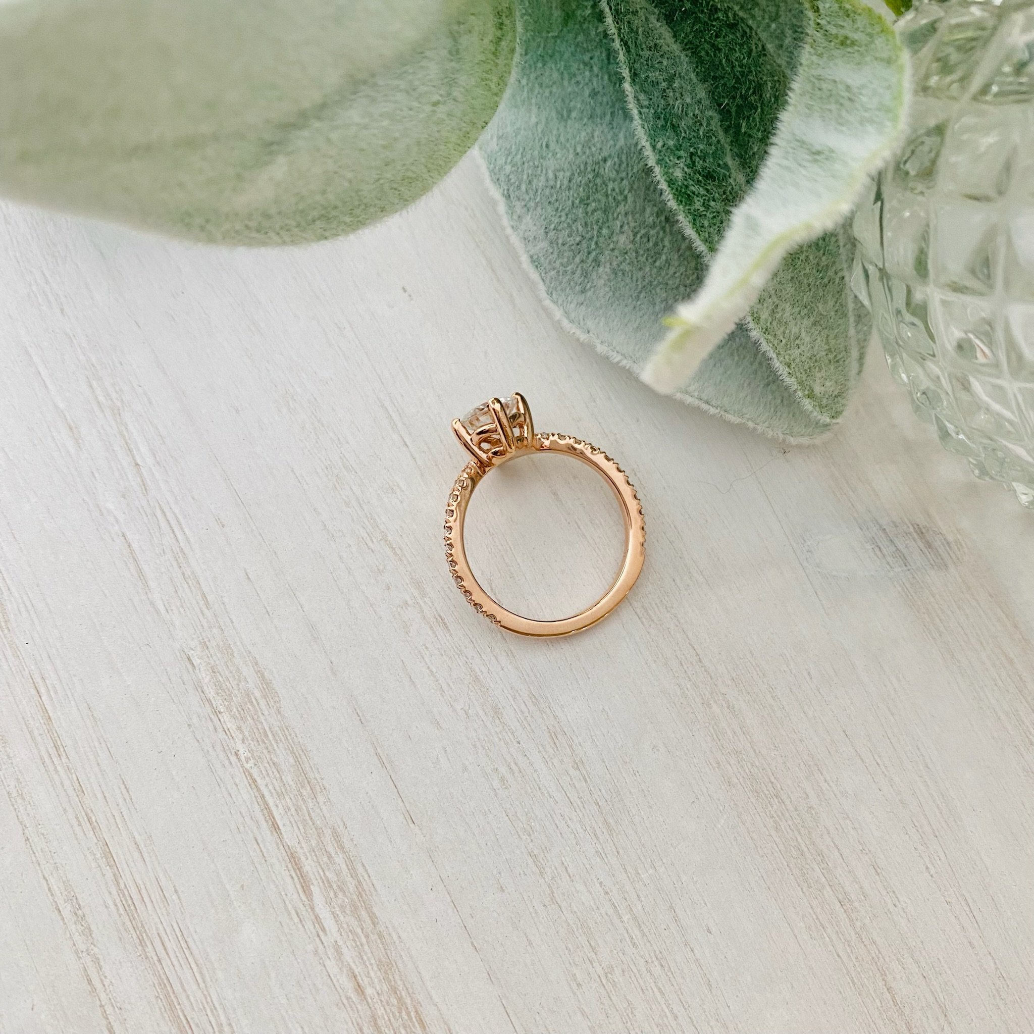 14k Rose Gold 1 ct Round Moissanite V-Ring with French Set Moissanite  Accents 0.50 cttw  Size 7