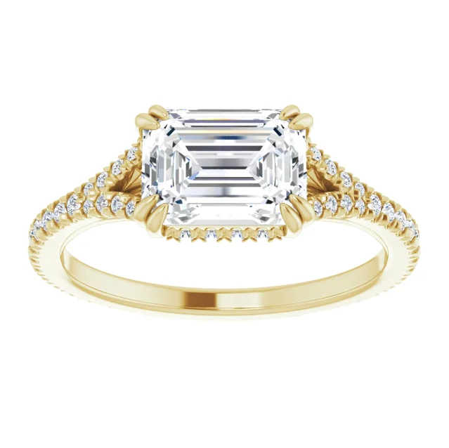 14k Yellow Gold 1.75 ct Emerald Cut Moissanite East-West Claw-Prong Enagement Ring with Accents and matching Moissanite Accented Band | Wedding Set