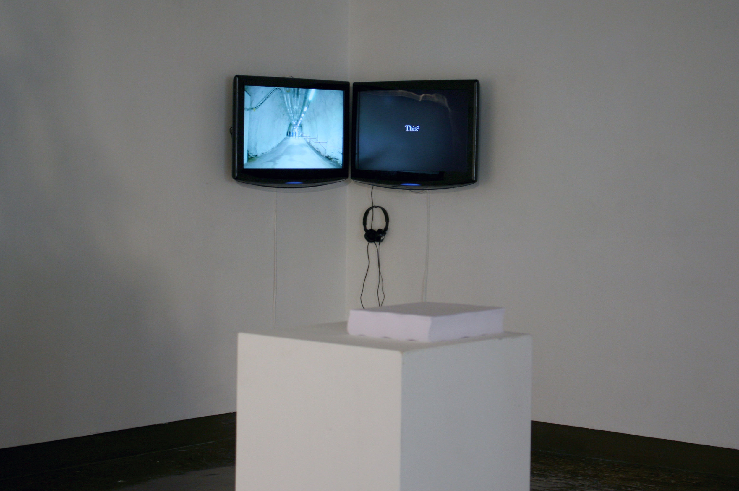 Point , a two-channel video by Rori Knudtson about the Global Seed Vault, uses the screen to conjure a sense of “in-between-ness,” a space between the present and future possibilities.