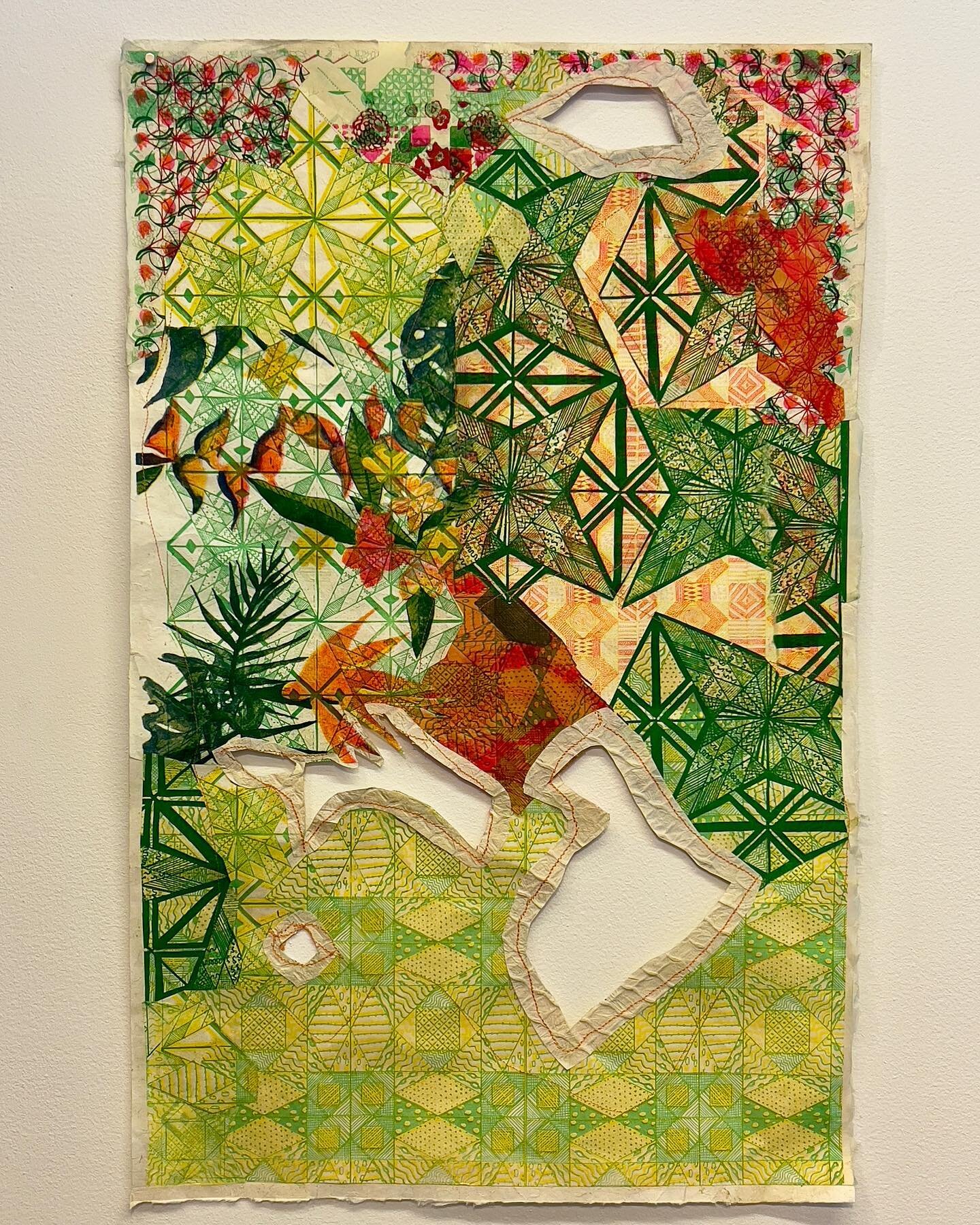 New work. &ldquo;Greenhouse,&rdquo; 28 x 17 1/2 inches; #collage of #risograph prints on handmade and Japanese papers with sewing.