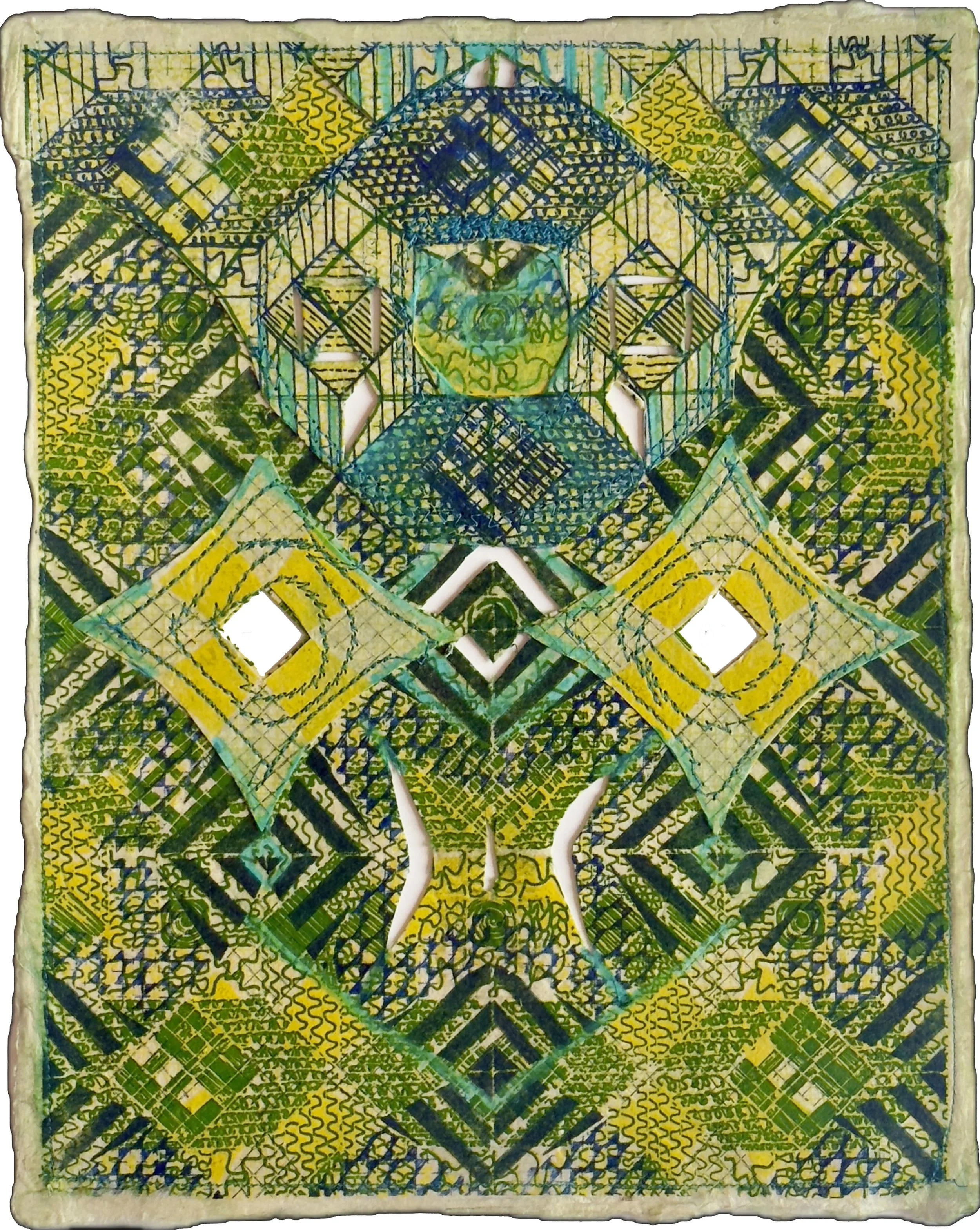 collage of risographs on handmade paper with sewing, gouache, and hand cutting 11” x 8 1/2”