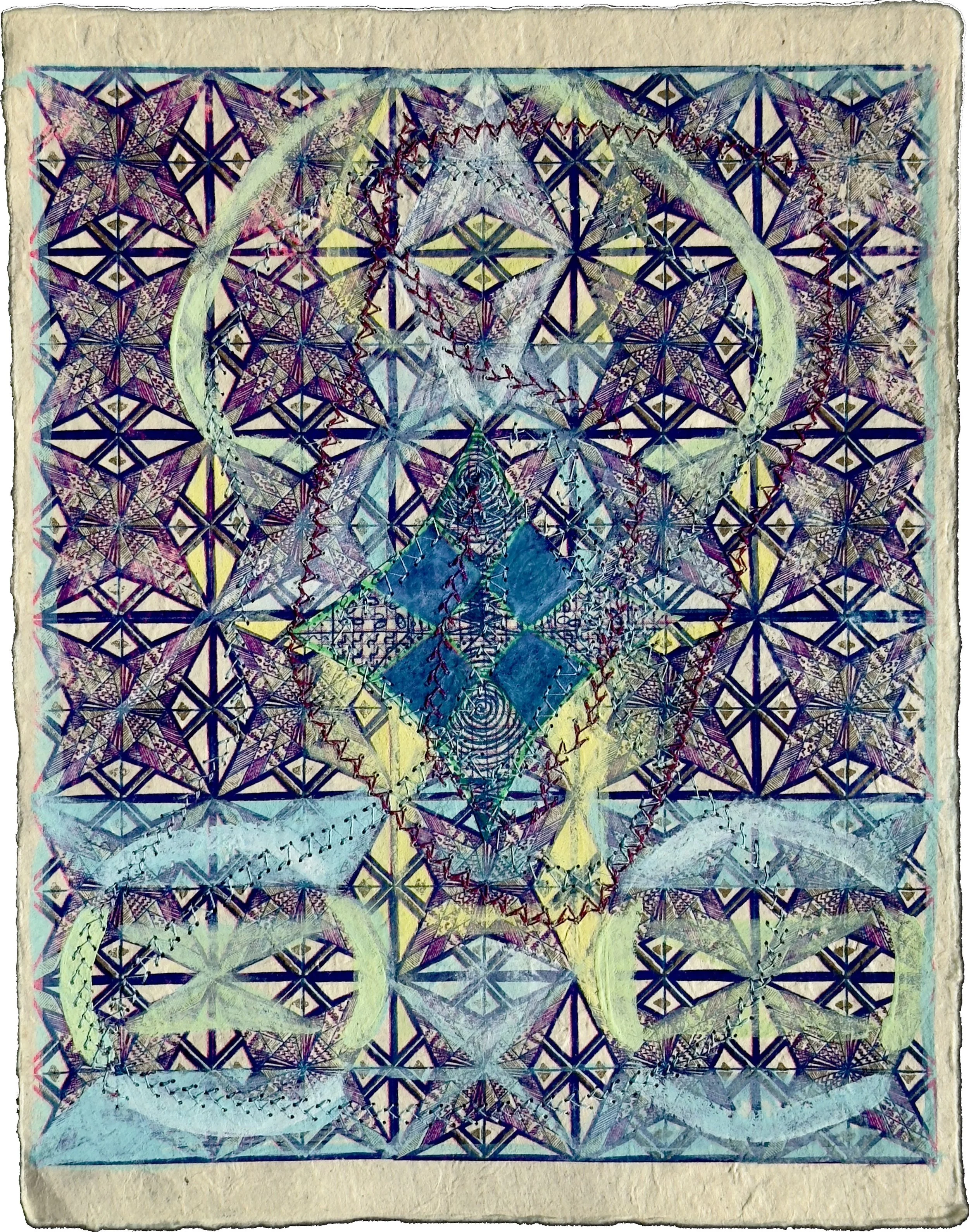 collage of risographs on handmade paper with sewing and gouache 11” x 8 1/2”