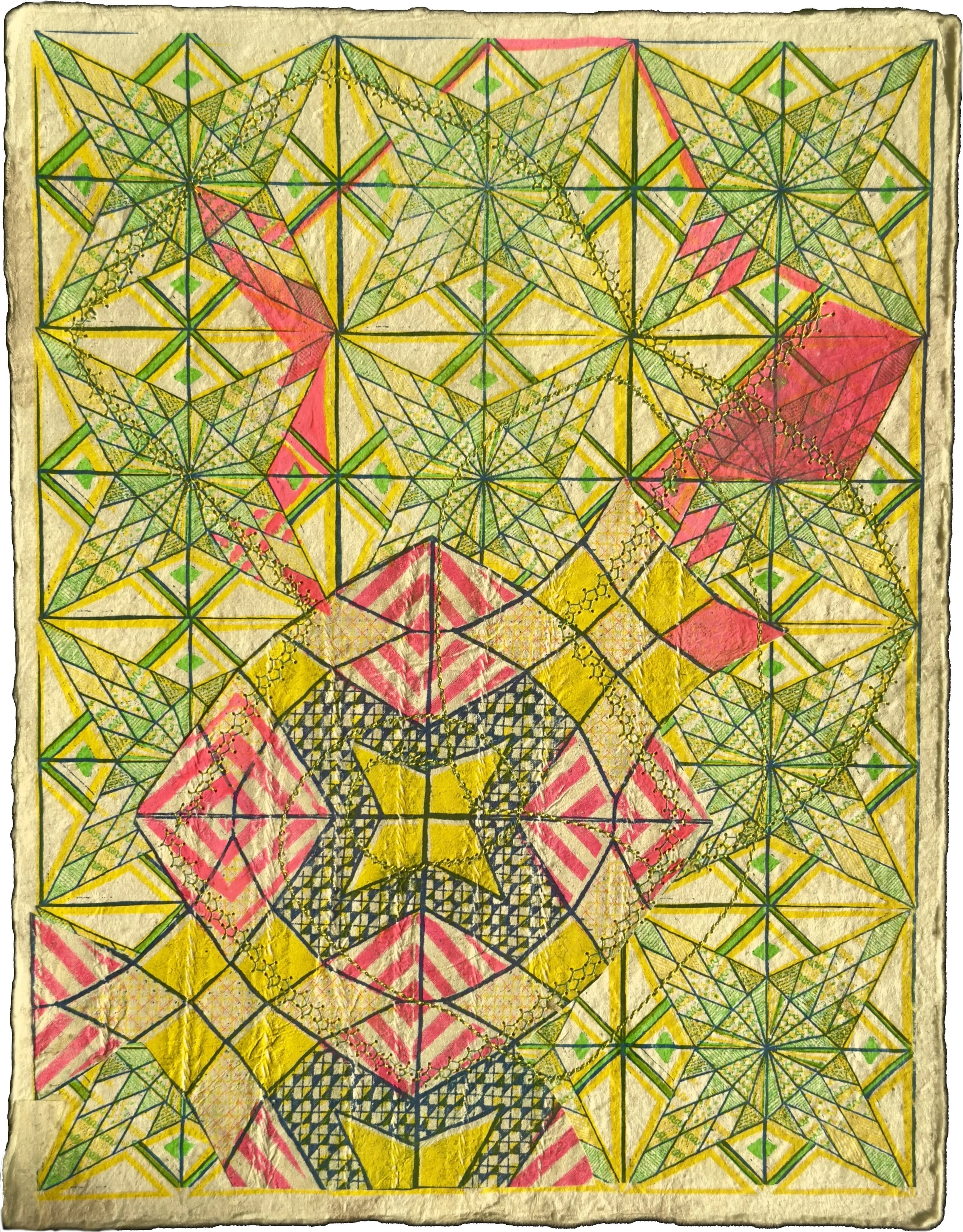 collage of risographs on handmade paper with sewing and gouache 11” x 8 1/2”
