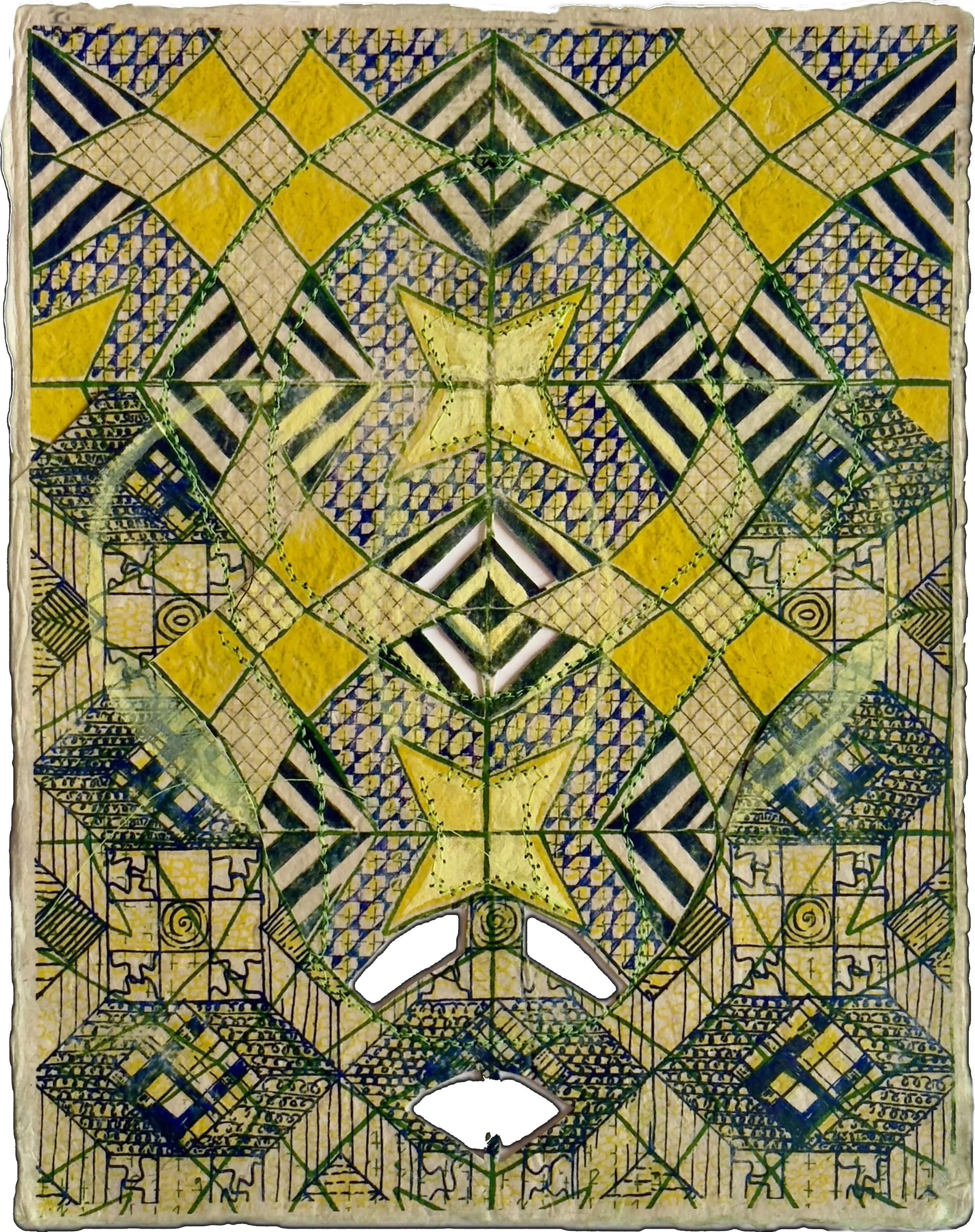collage of risographs on handmade paper with sewing, gouache, and hand cutting 11” x 8 1/2”