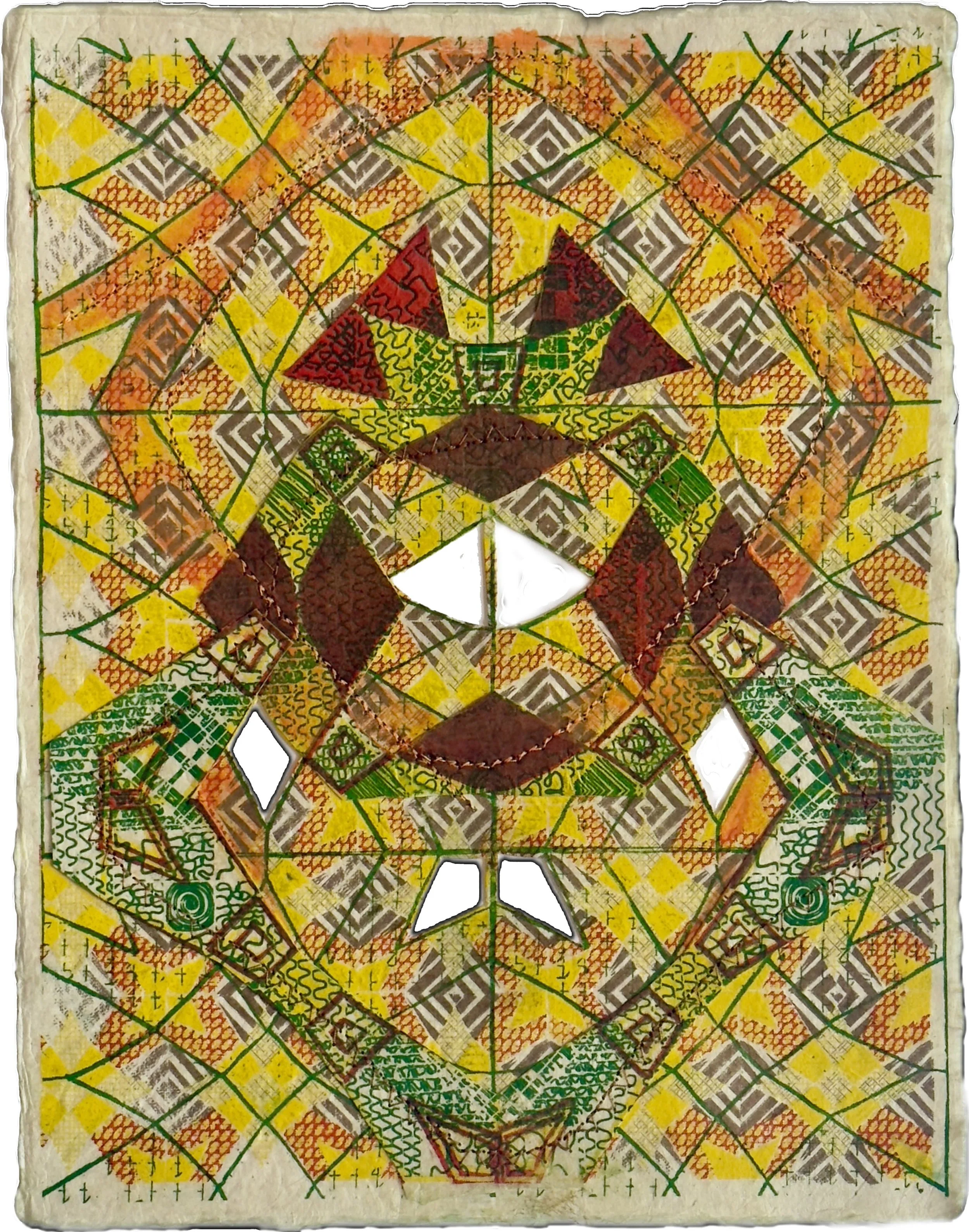 collage of risographs on handmade paper with sewing, gouache, and hand cutting 11” x 8 1/2”