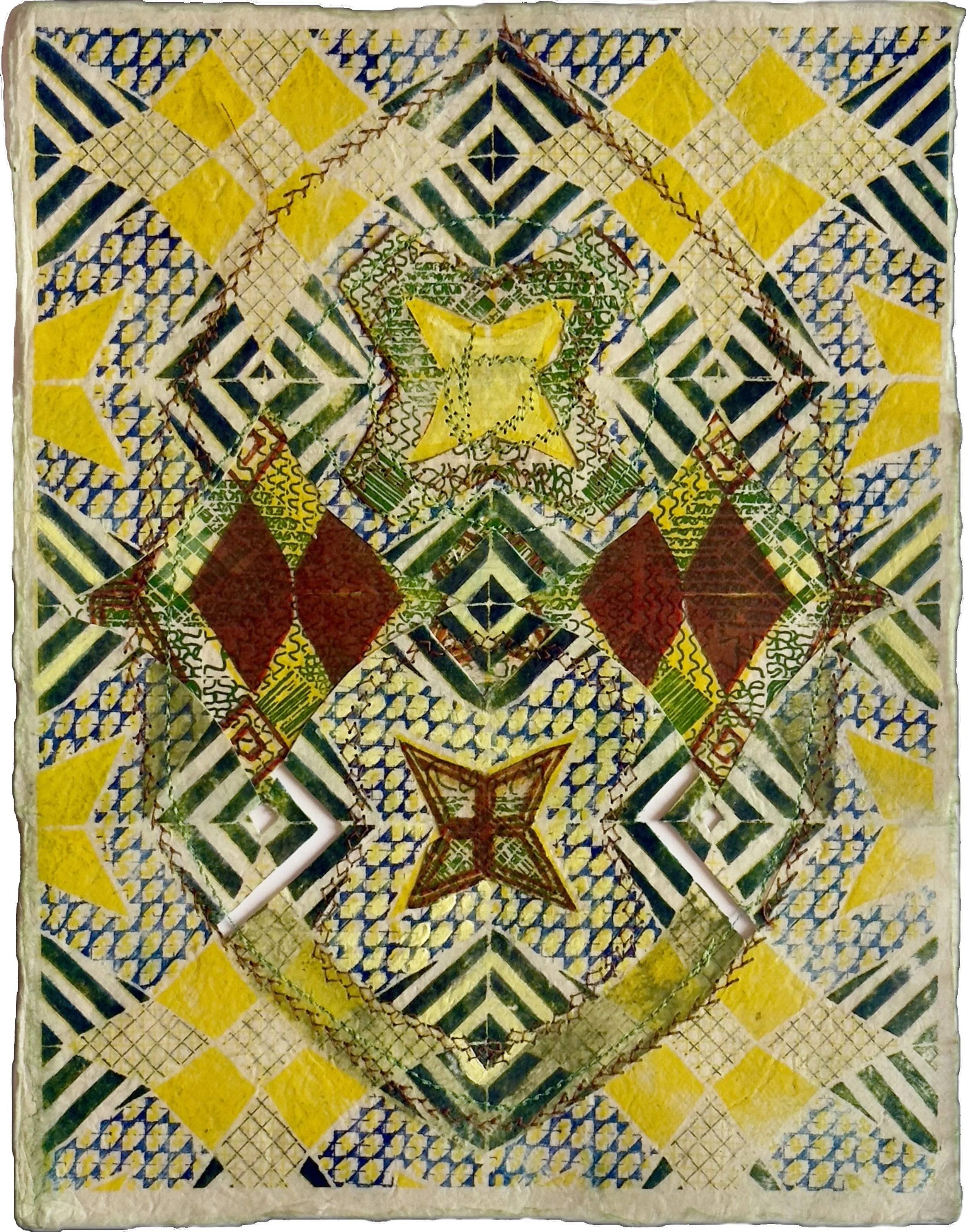 collage of risographs on handmade paper with sewing, gouache, and hand cutting 11” x 8 1/2”