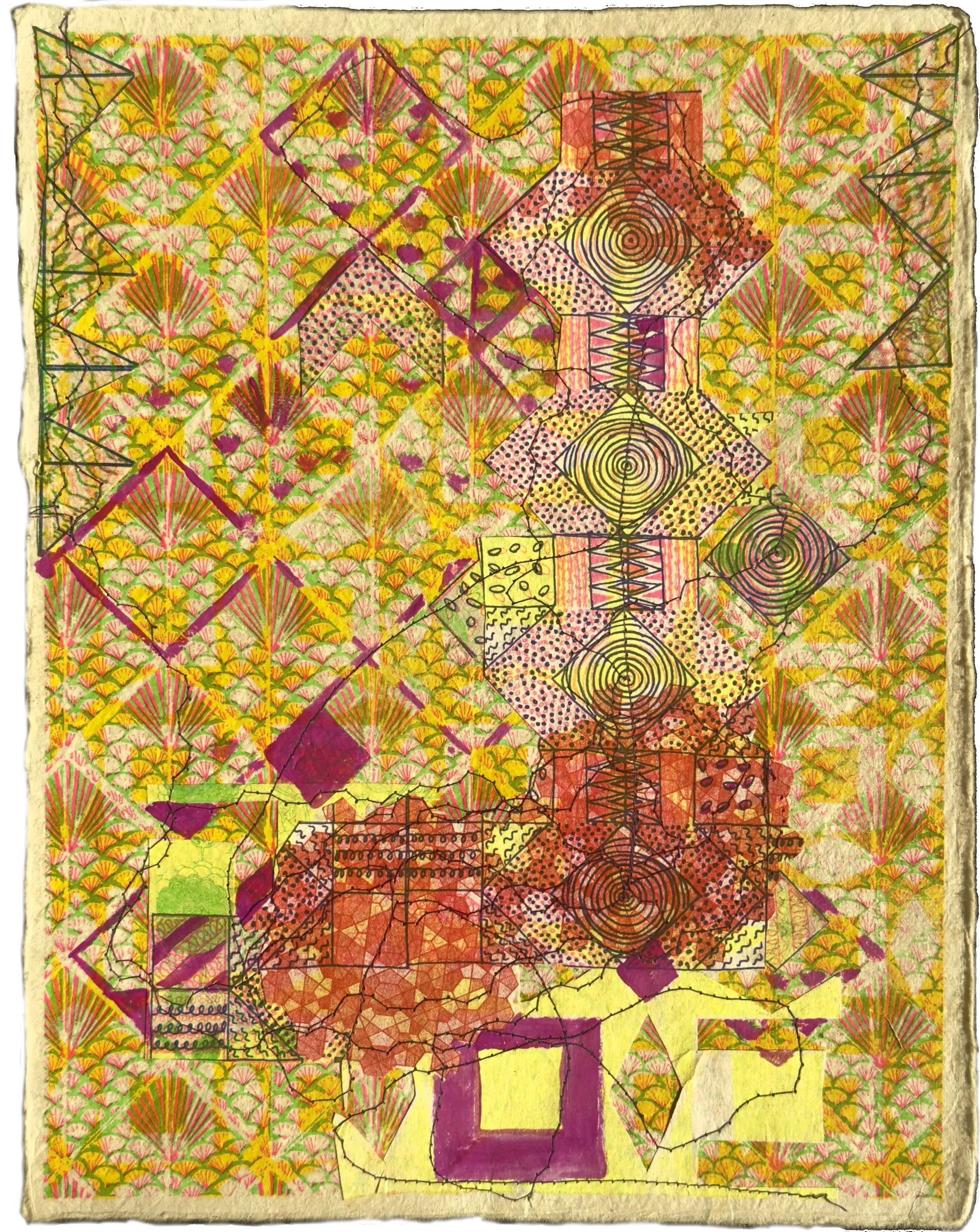collage of risographs on handmade paper with sewing and gouache 11” x 8 1/2”
